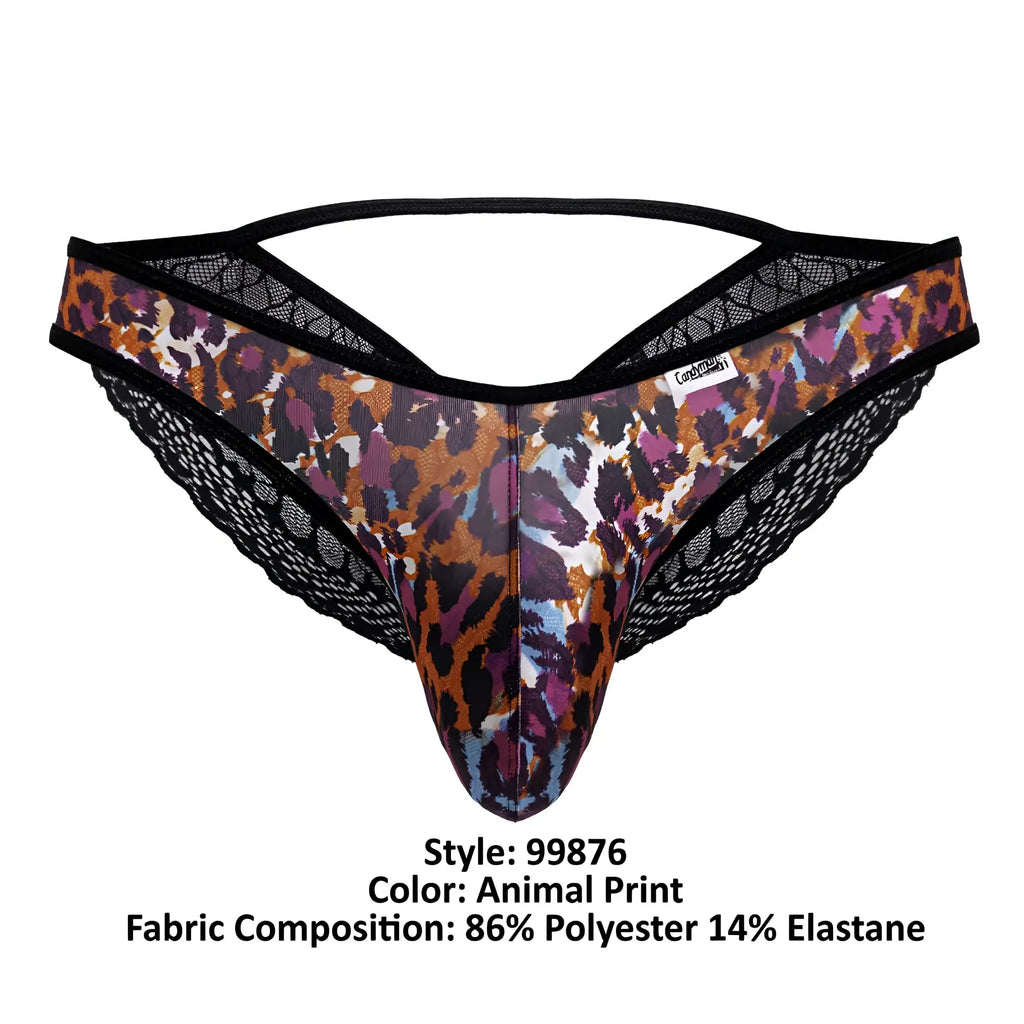 A men’s thong candyMan 99876 leopard briefs with bold brown purple and black animal print and intricate lace trim