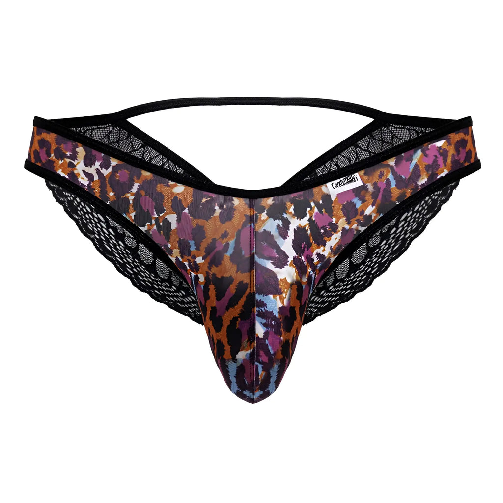 A men’s thong candyMan 99876 leopard briefs with bold multicolored animal print and black lace trim