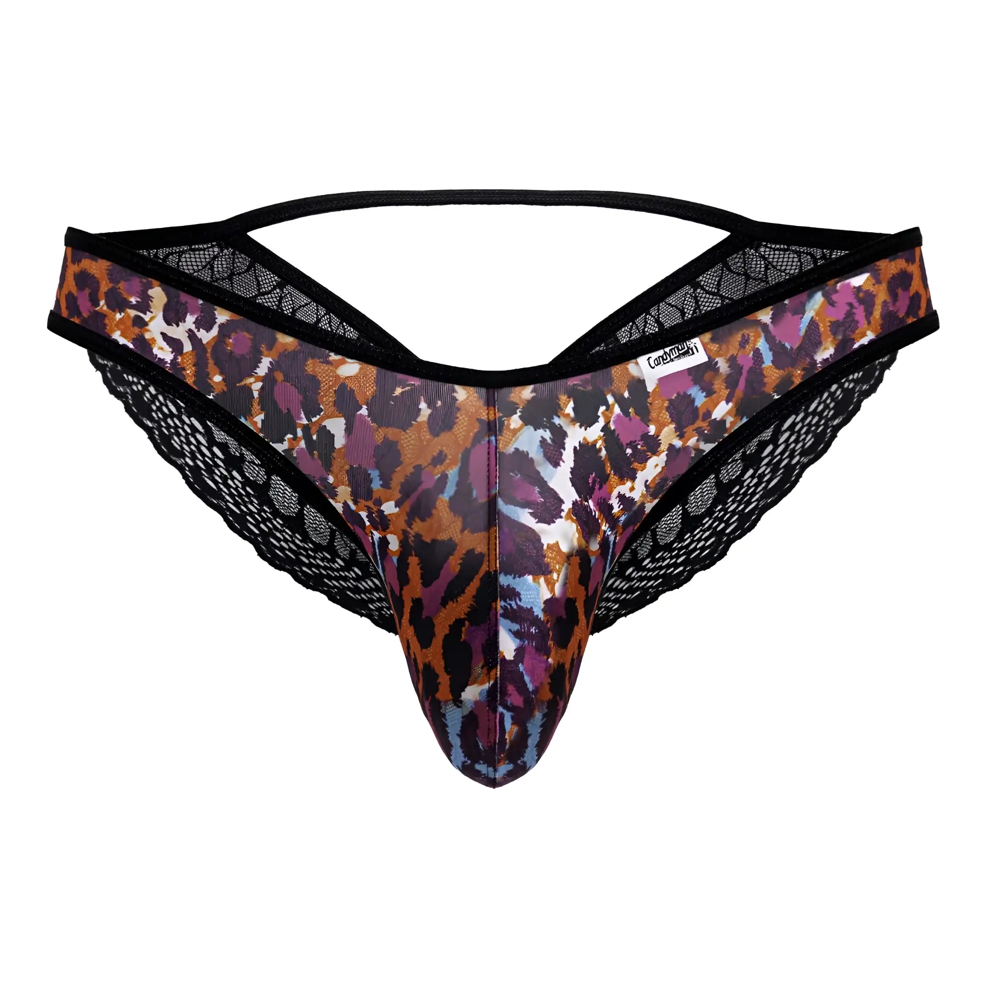 A men’s thong candyMan 99876 leopard briefs with bold multicolored animal print and black lace trim