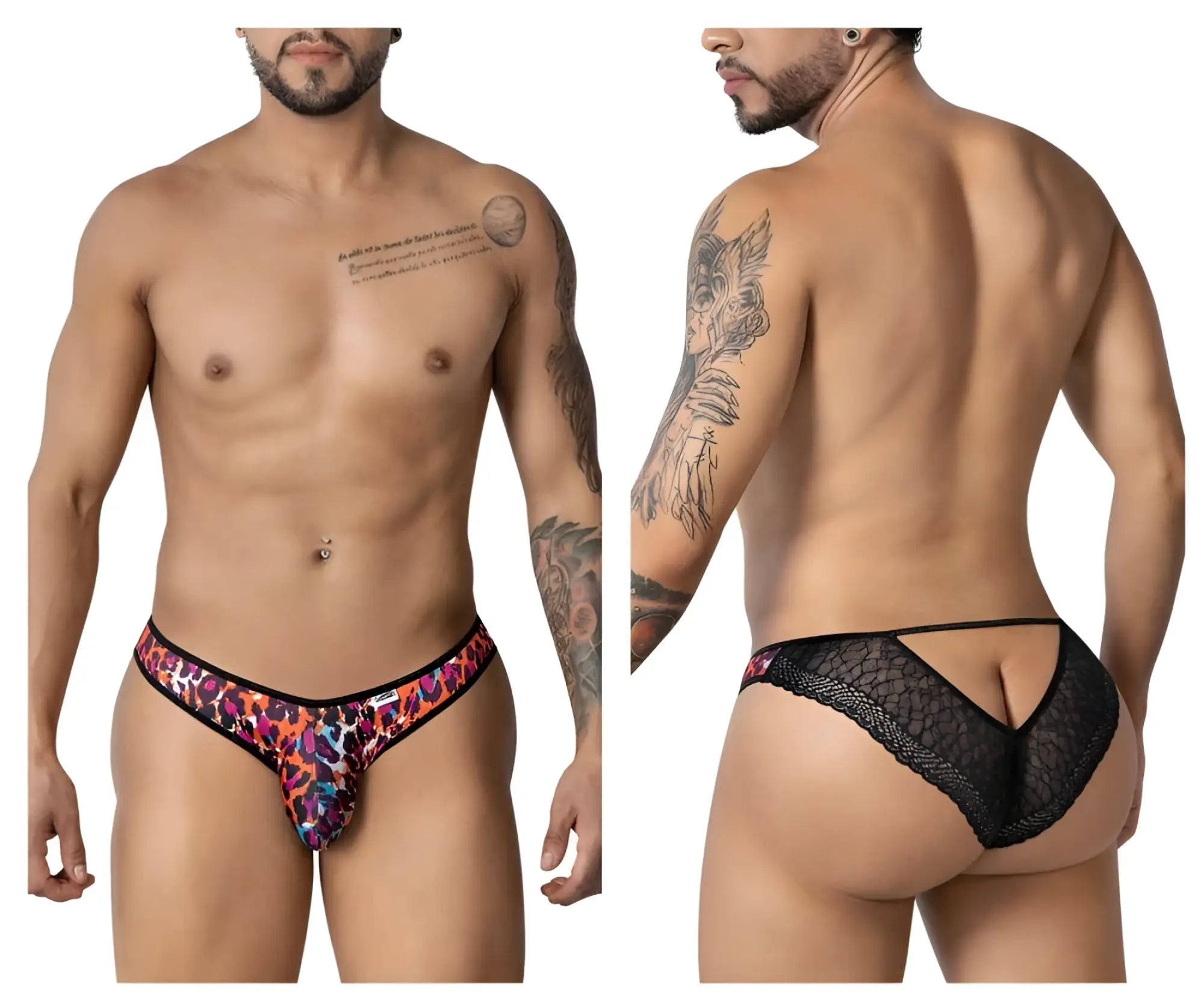 CandyMan 99876 leopard briefs men’s vibrant animal print with black lace and sheer mesh back detailing