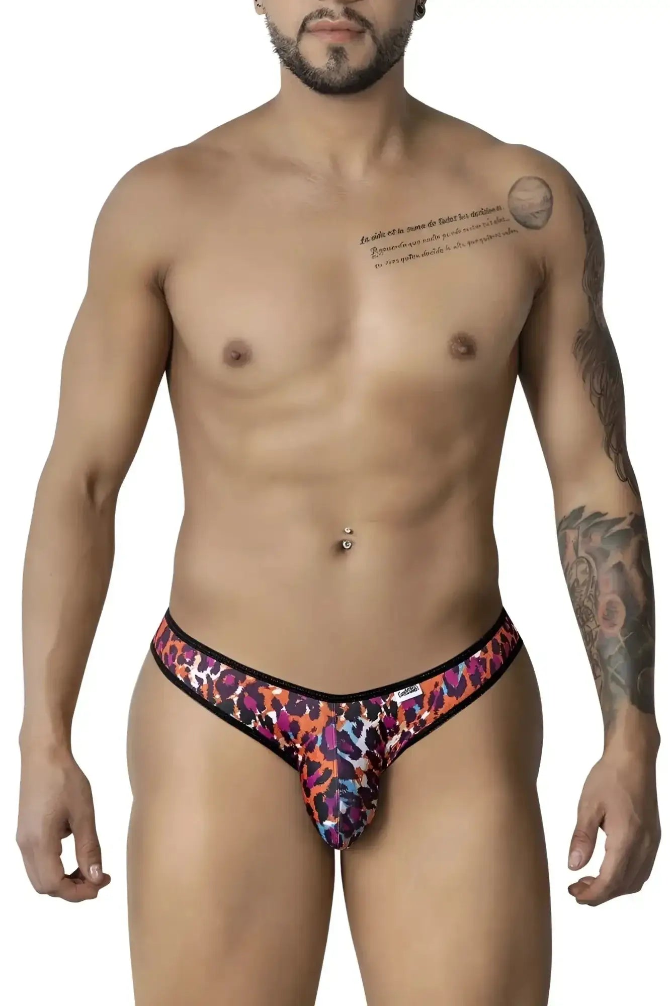 Vibrant Candyman 99876 leopard briefs with bold orange purple pink hues and black trim animal print design
