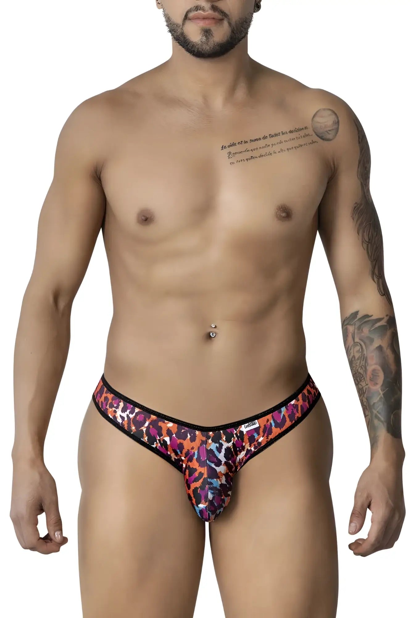 Vibrant Candyman 99876 leopard briefs with bold orange purple pink hues and black trim animal print design