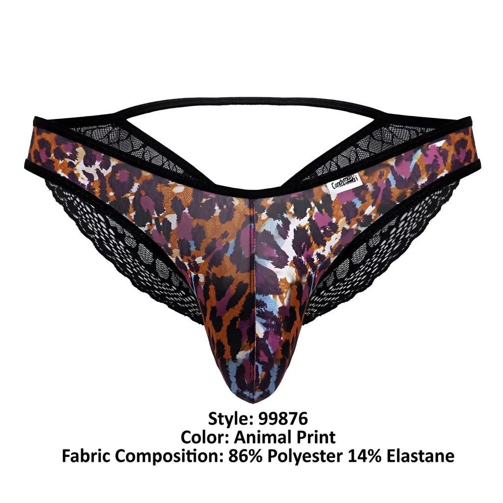 A men’s thong candyMan 99876 leopard briefs with bold brown purple and black animal print and intricate lace trim