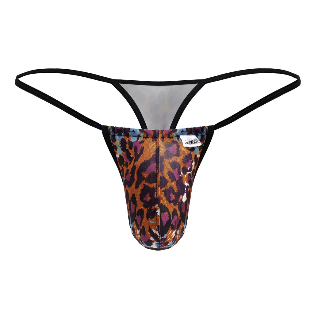 Men’s thong candyMan 99877 with bold orange purple black leopard print and black elastic straps front view