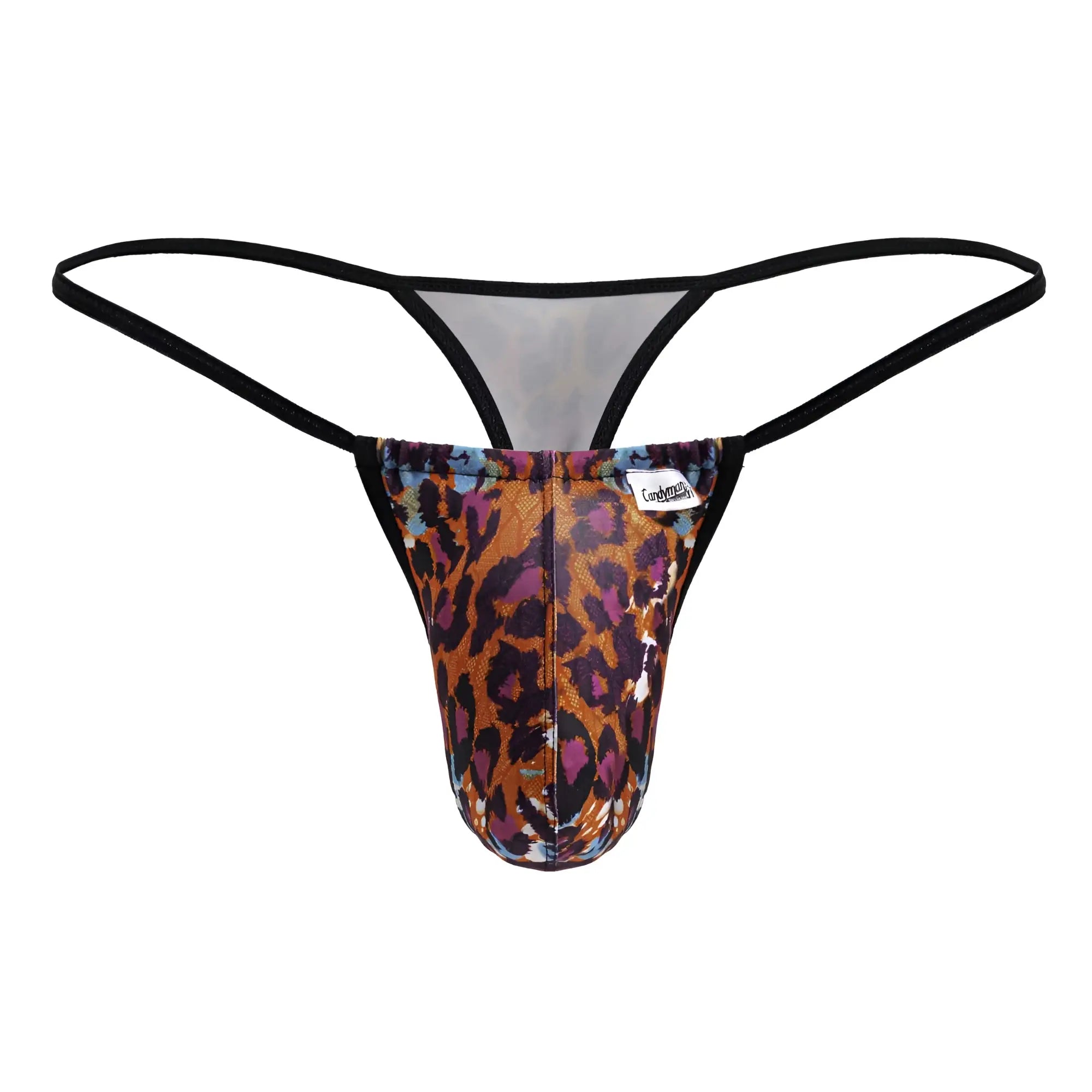 Men’s thong candyMan 99877 with bold orange purple black leopard print and black elastic straps front view