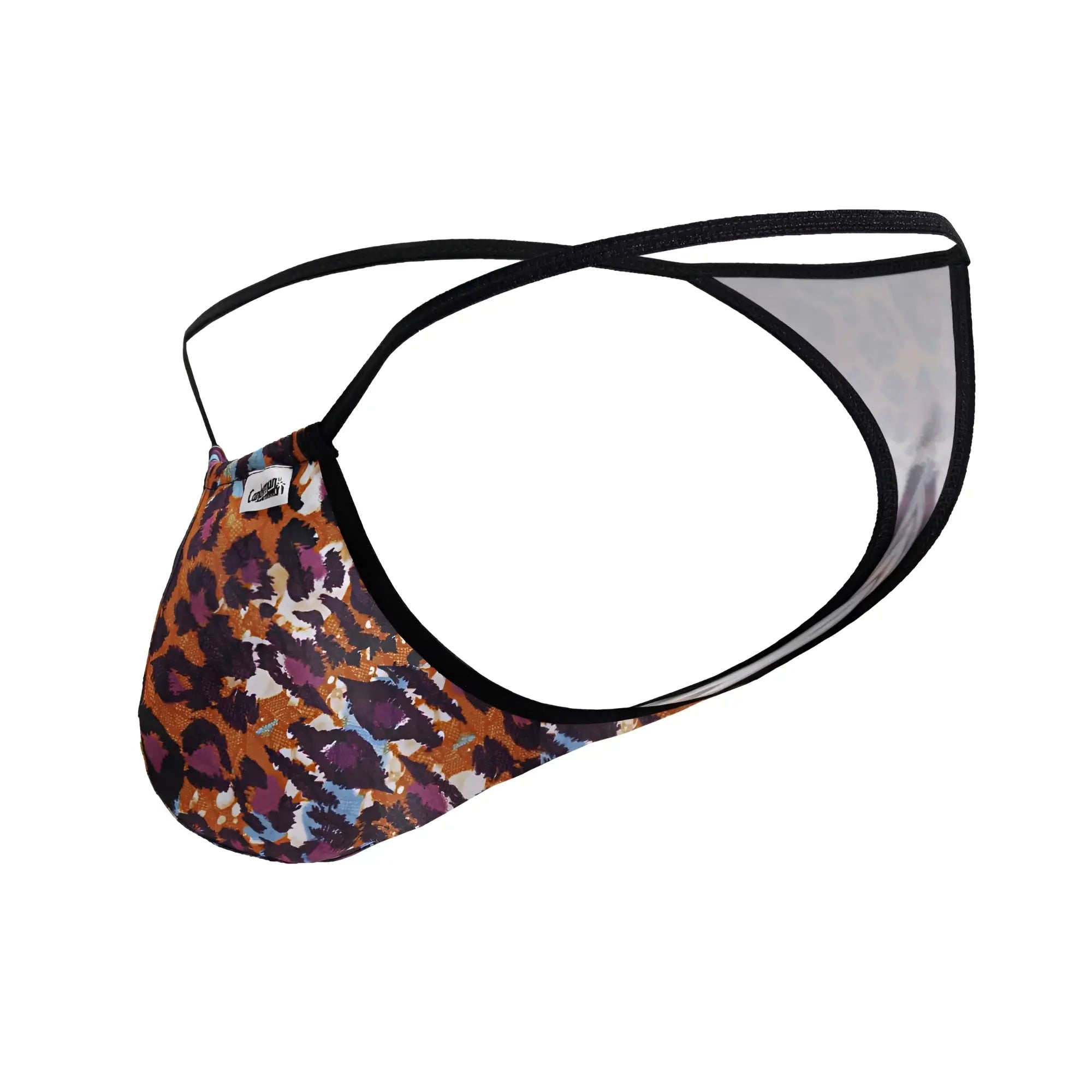 A men’s thong with bold orange purple and blue leopard print and black trim from CandyMan 99877 animal print line