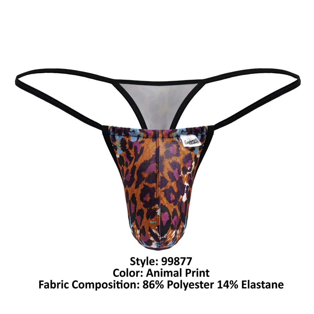 A men’s CandyMan 99877 leopard thong with bold orange brown purple animal print and black elastic straps