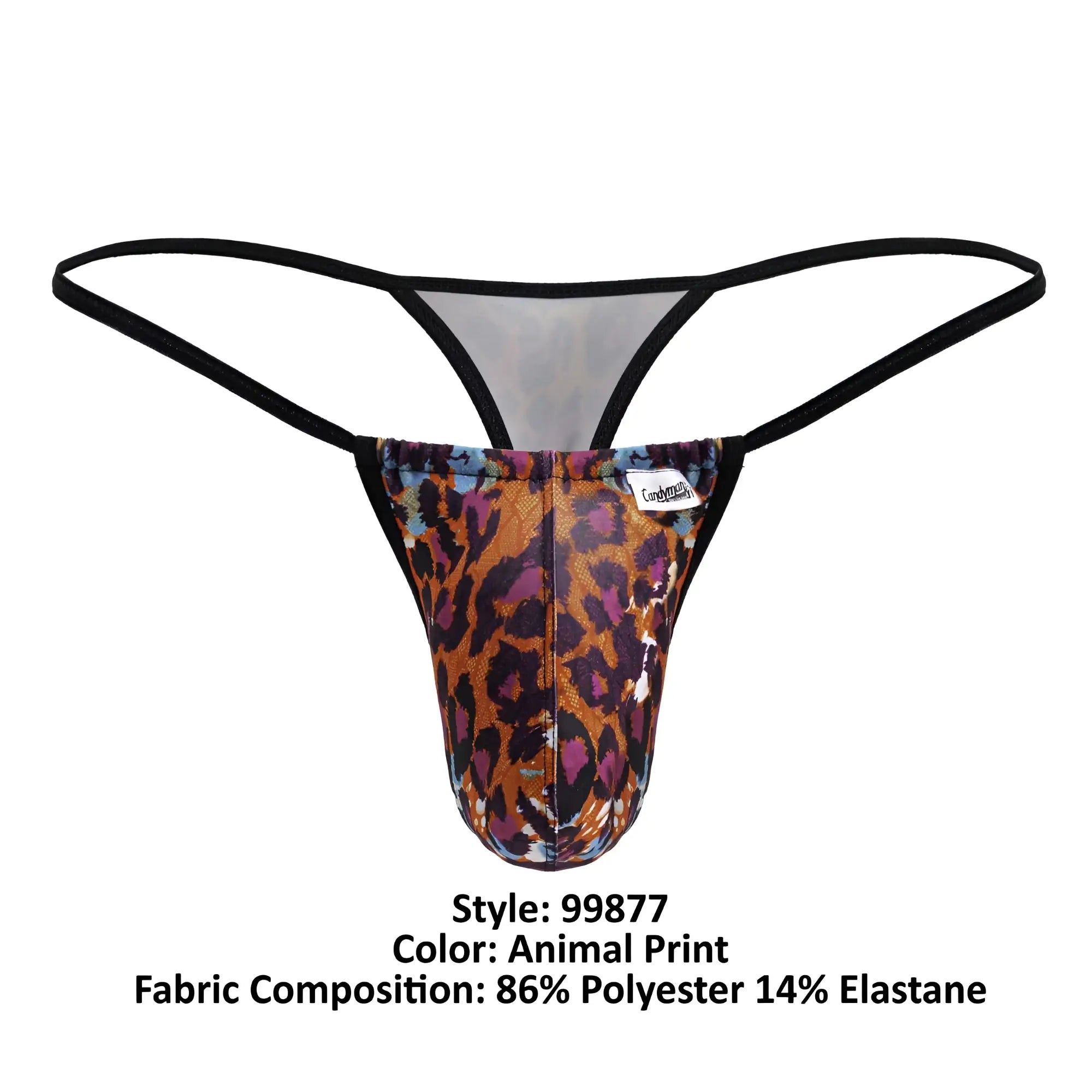 A men’s CandyMan 99877 leopard thong with bold orange brown purple animal print and black elastic straps