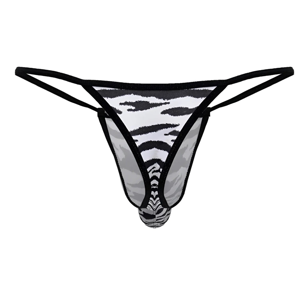 CandyMan 99877 zebra thongs in black and gray zebra print with sheer mesh fabric showing back side