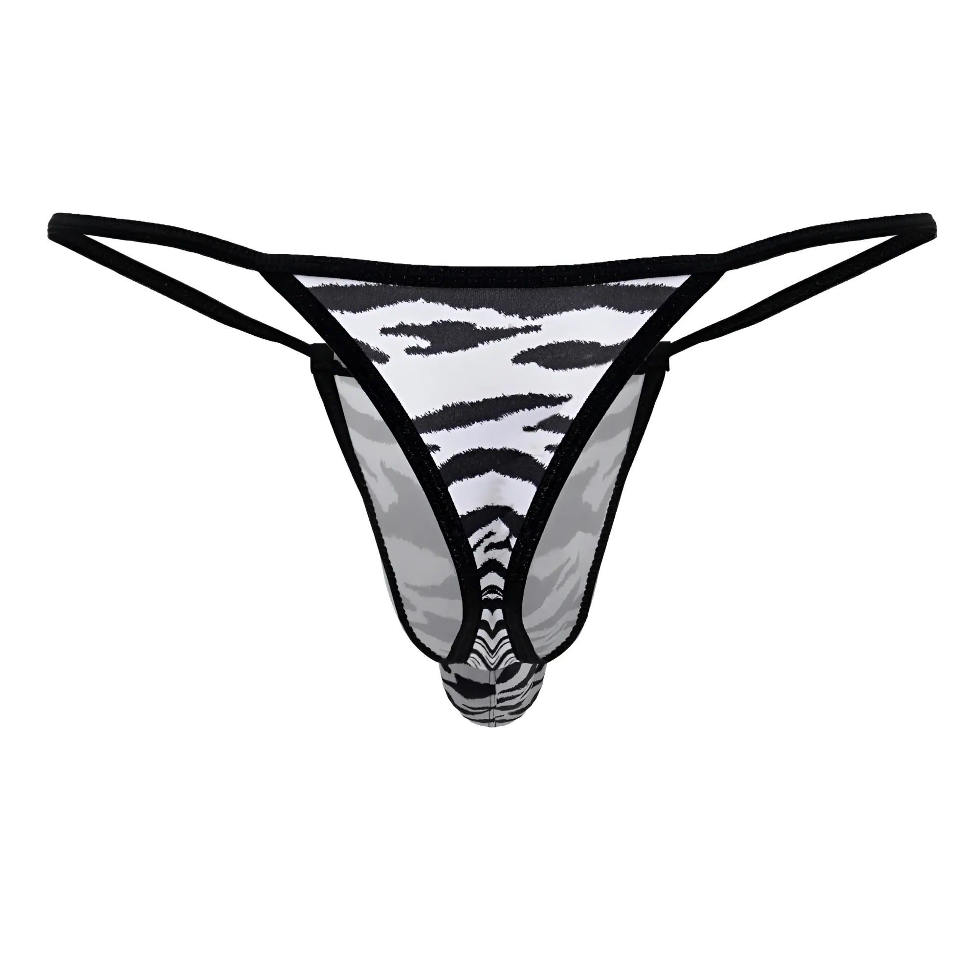 CandyMan 99877 zebra thongs in black and gray zebra print with sheer mesh fabric showing back side