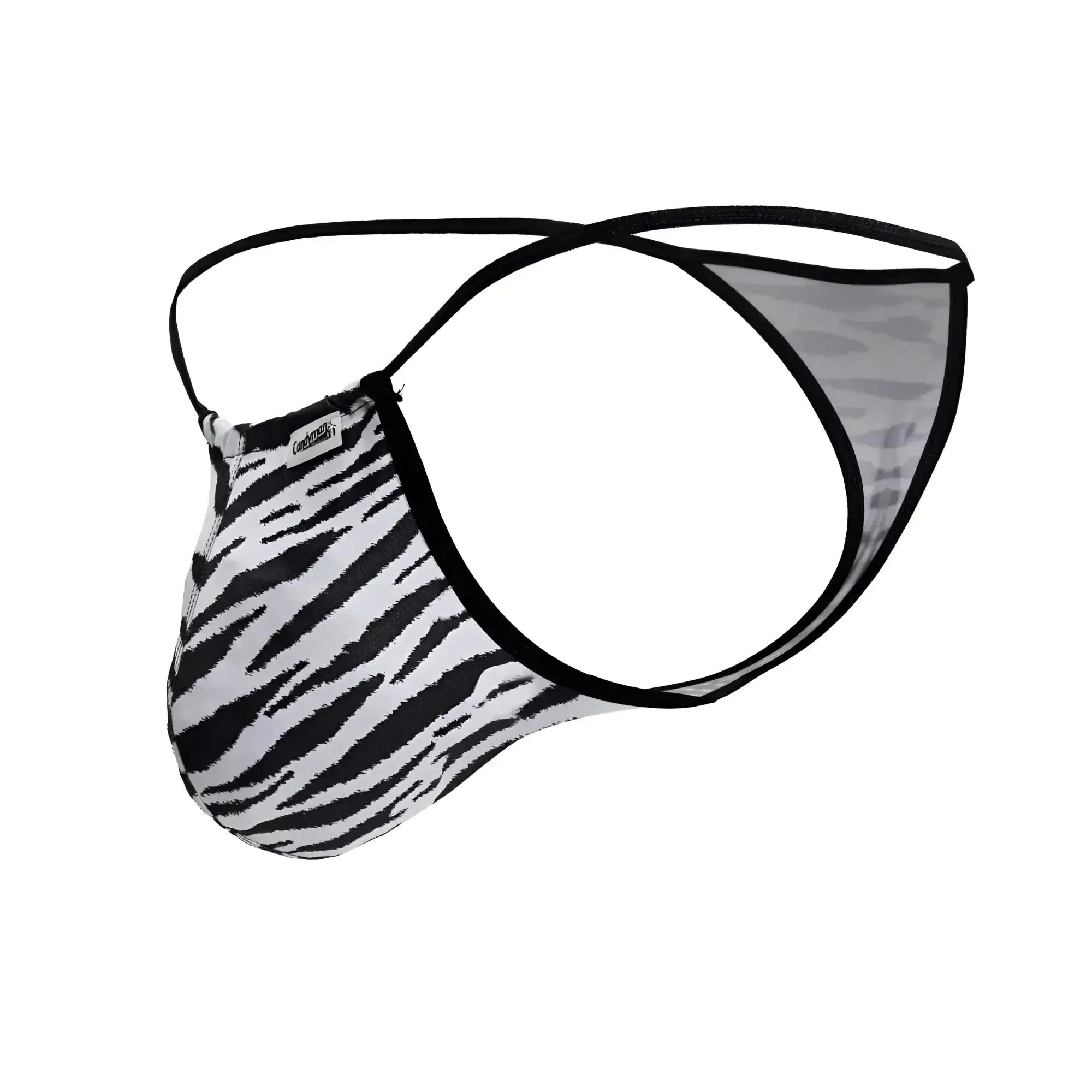CandyMan 99877 zebra thongs black and white zebra-striped men’s thong with black trim front view
