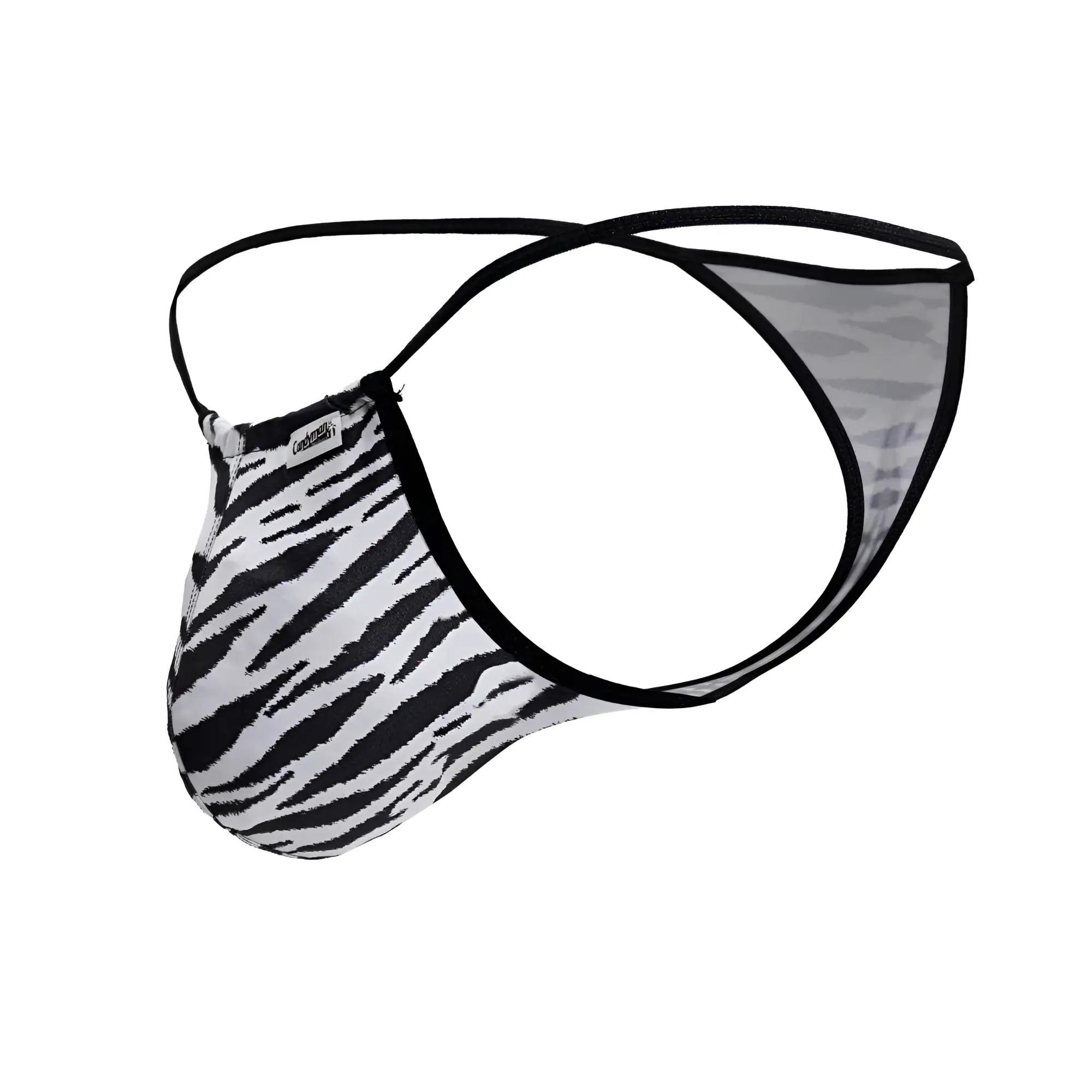CandyMan 99877 zebra thongs black and white zebra-striped men’s thong with black trim front view