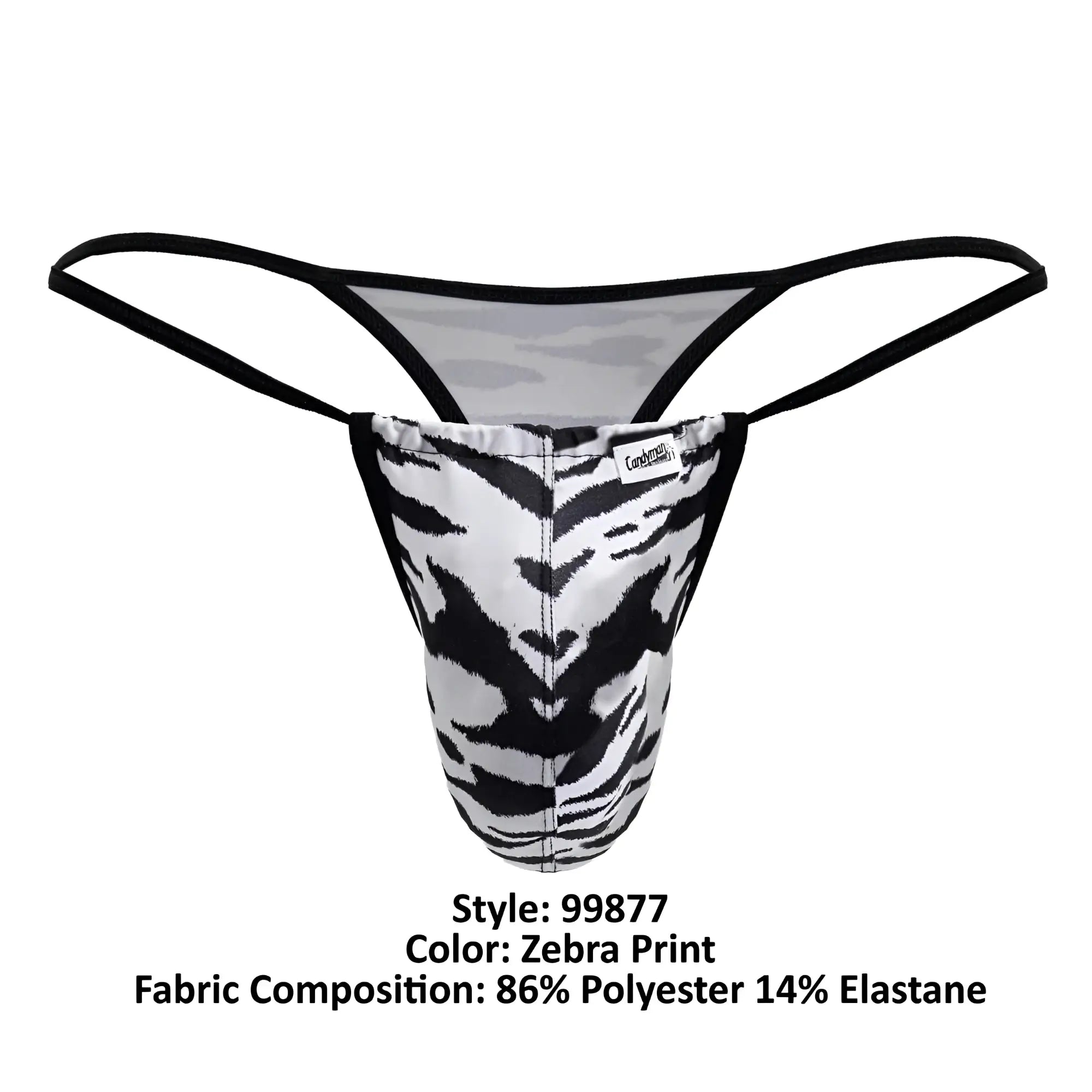 Black and white zebra print thong with black elastic straps from CandyMan 99877 showing the back side