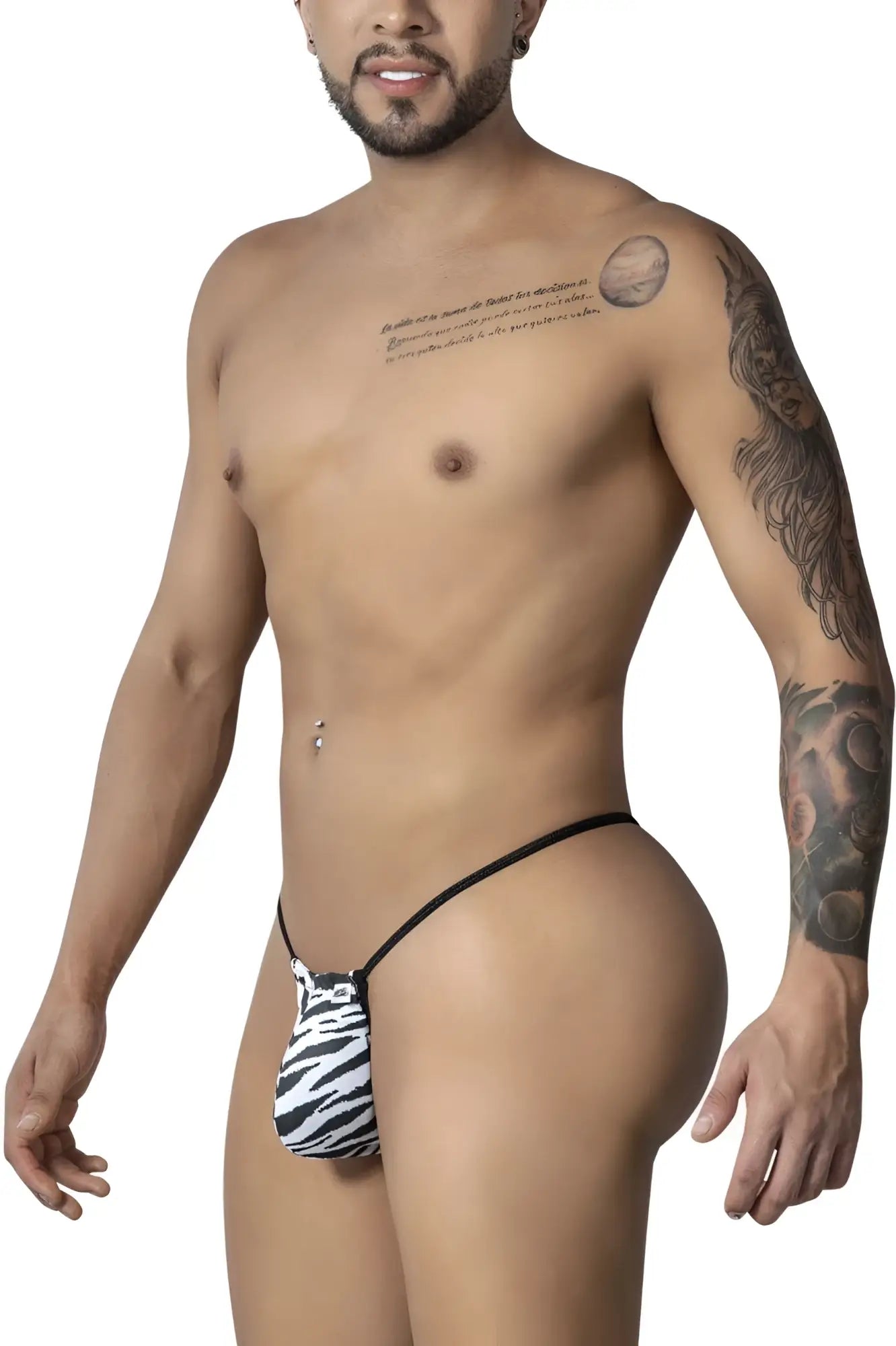 CandyMan 99877 zebra thongs in black and white zebra print with thin black elastic waistband front view