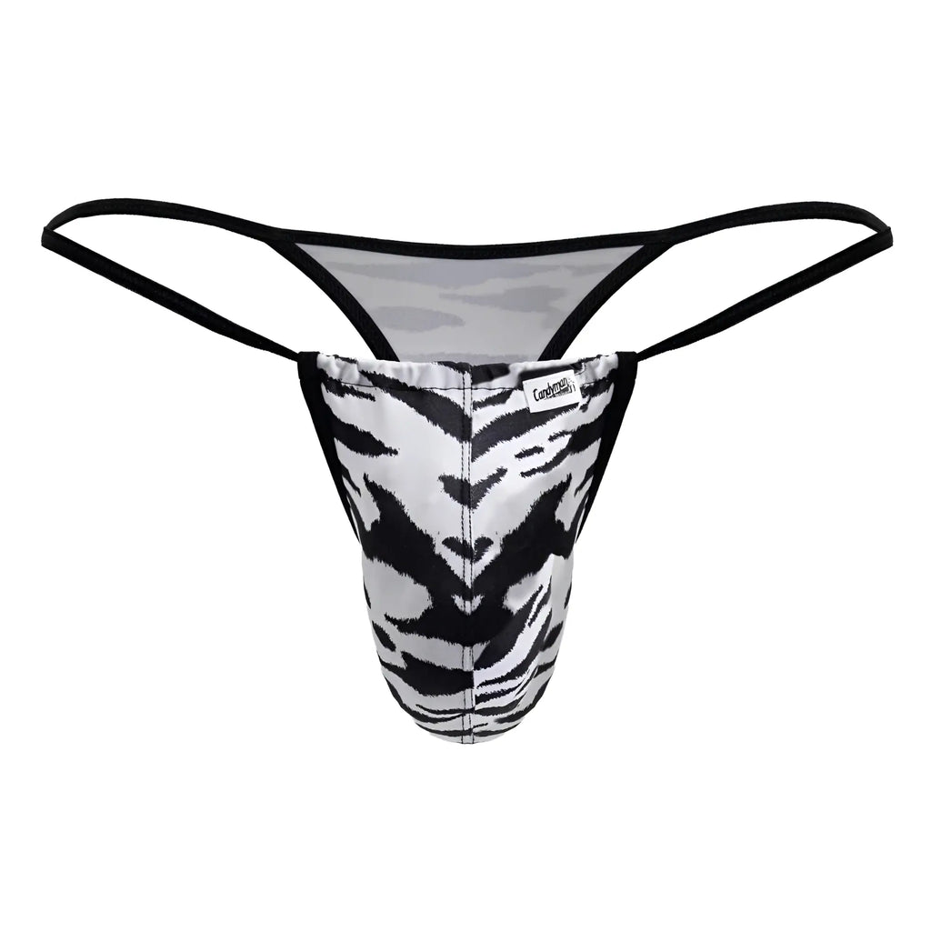 Black and white tiger-striped CandyMan 99877 zebra print thong with black elastic straps shown from the back