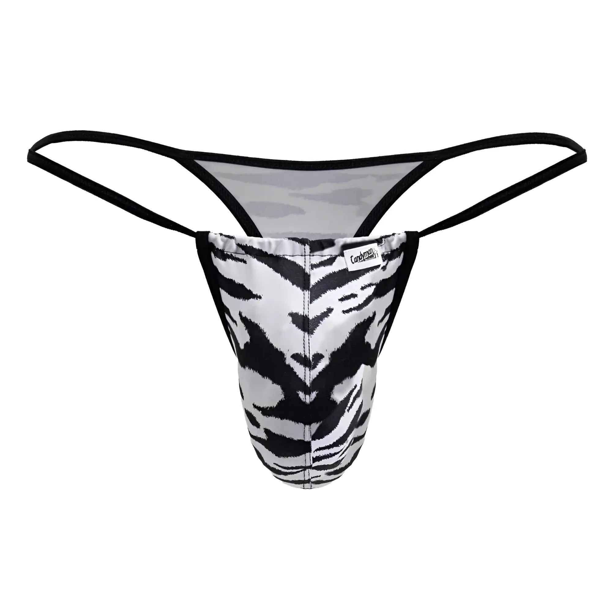 Black and white tiger-striped CandyMan 99877 zebra print thong with black elastic straps shown from the back
