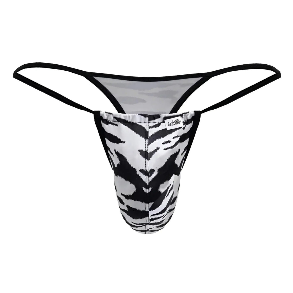 Black and white tiger-striped CandyMan 99877 zebra print thong with black elastic straps shown from the back
