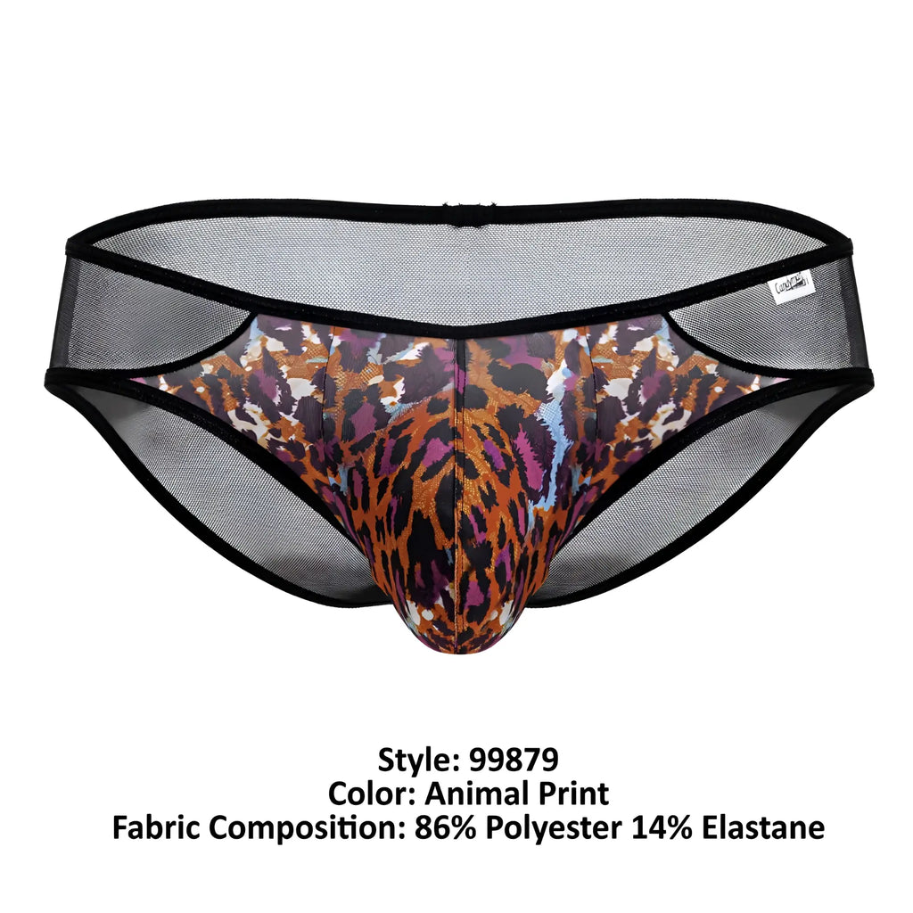 Black mesh briefs with bold orange brown and purple leopard print from candyman 99879 animal print collection