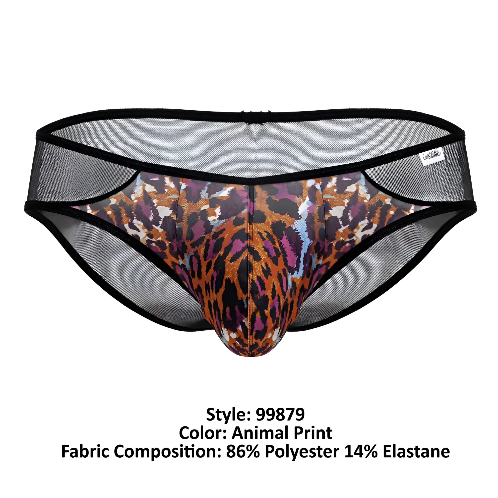 Black mesh briefs with bold orange brown and purple leopard print from candyman 99879 animal print collection