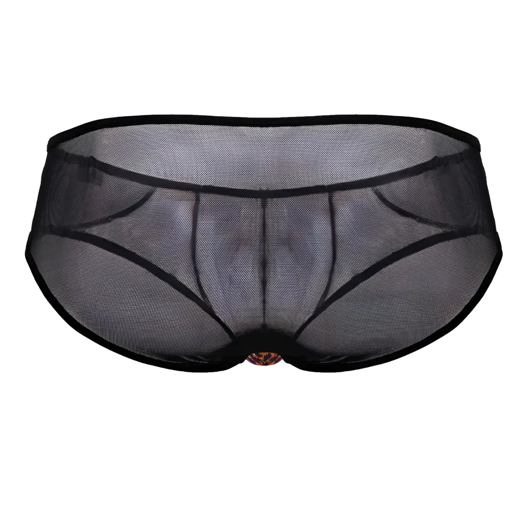 CandyMan 99879 leopard briefs in black mesh with solid waistband and gold clasp at center front