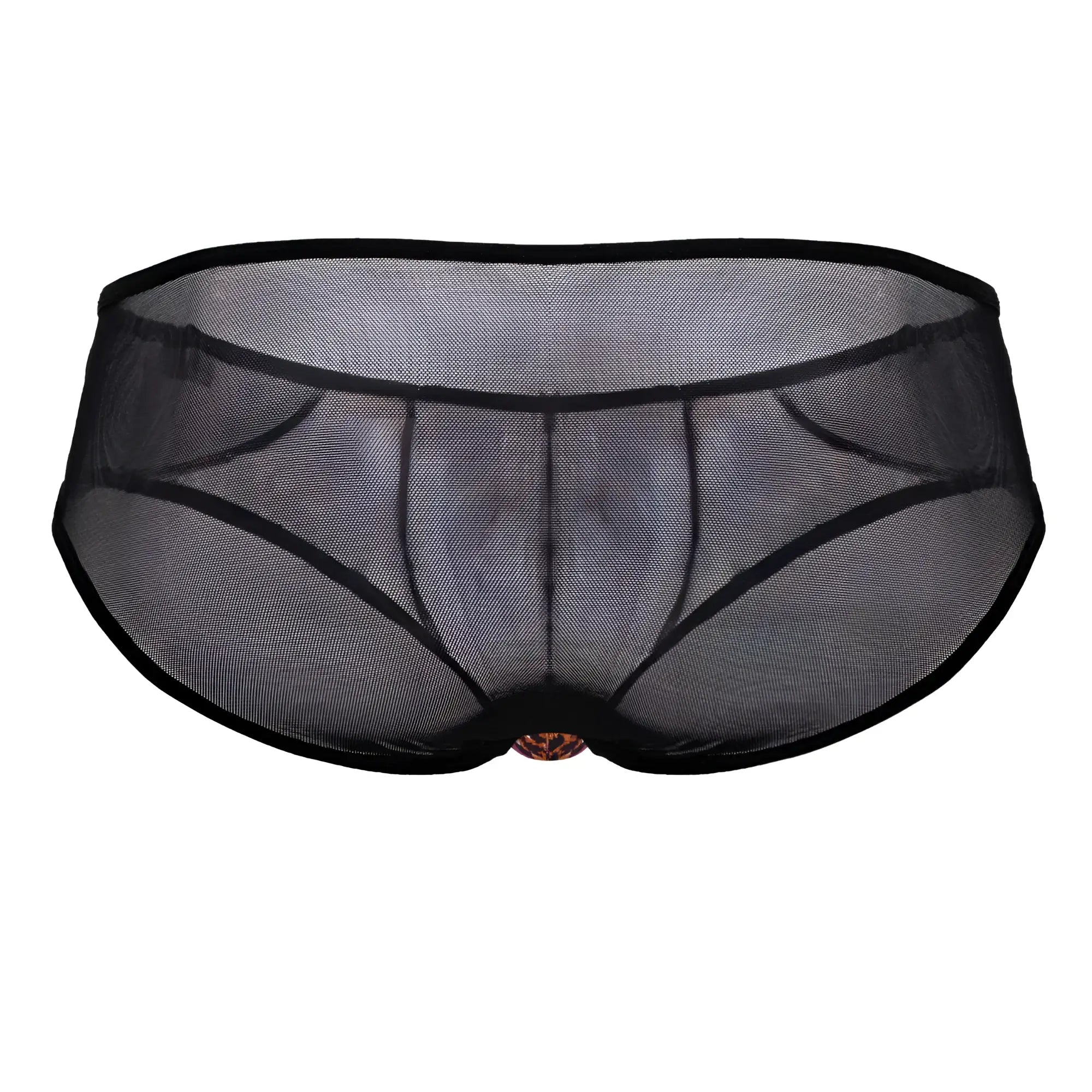 CandyMan 99879 leopard briefs in black mesh with solid waistband and gold clasp at center front