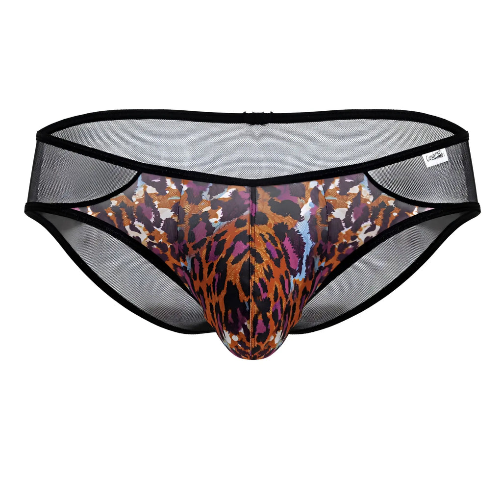 Black mesh CandyMan 99879 briefs with vibrant multi-colored leopard print animal pattern
