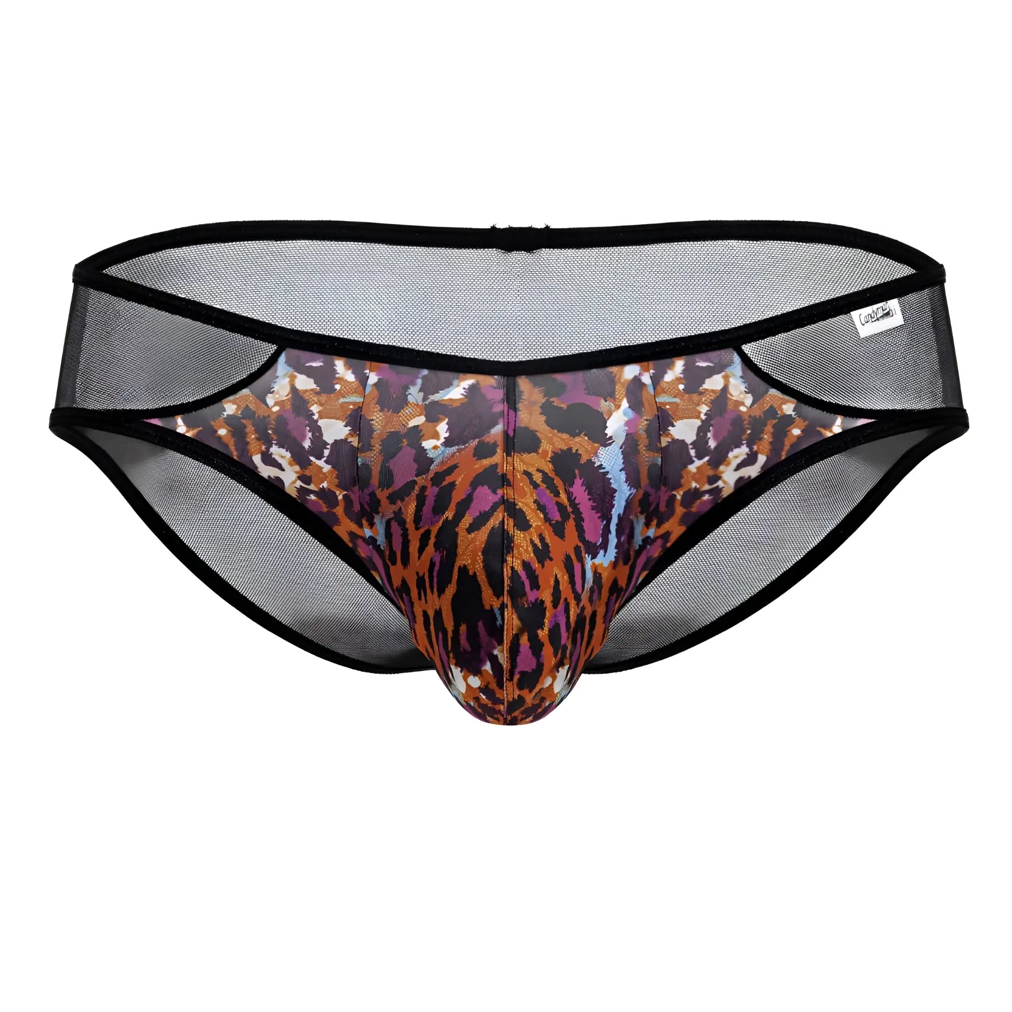 Black mesh CandyMan 99879 briefs with vibrant multi-colored leopard print animal pattern