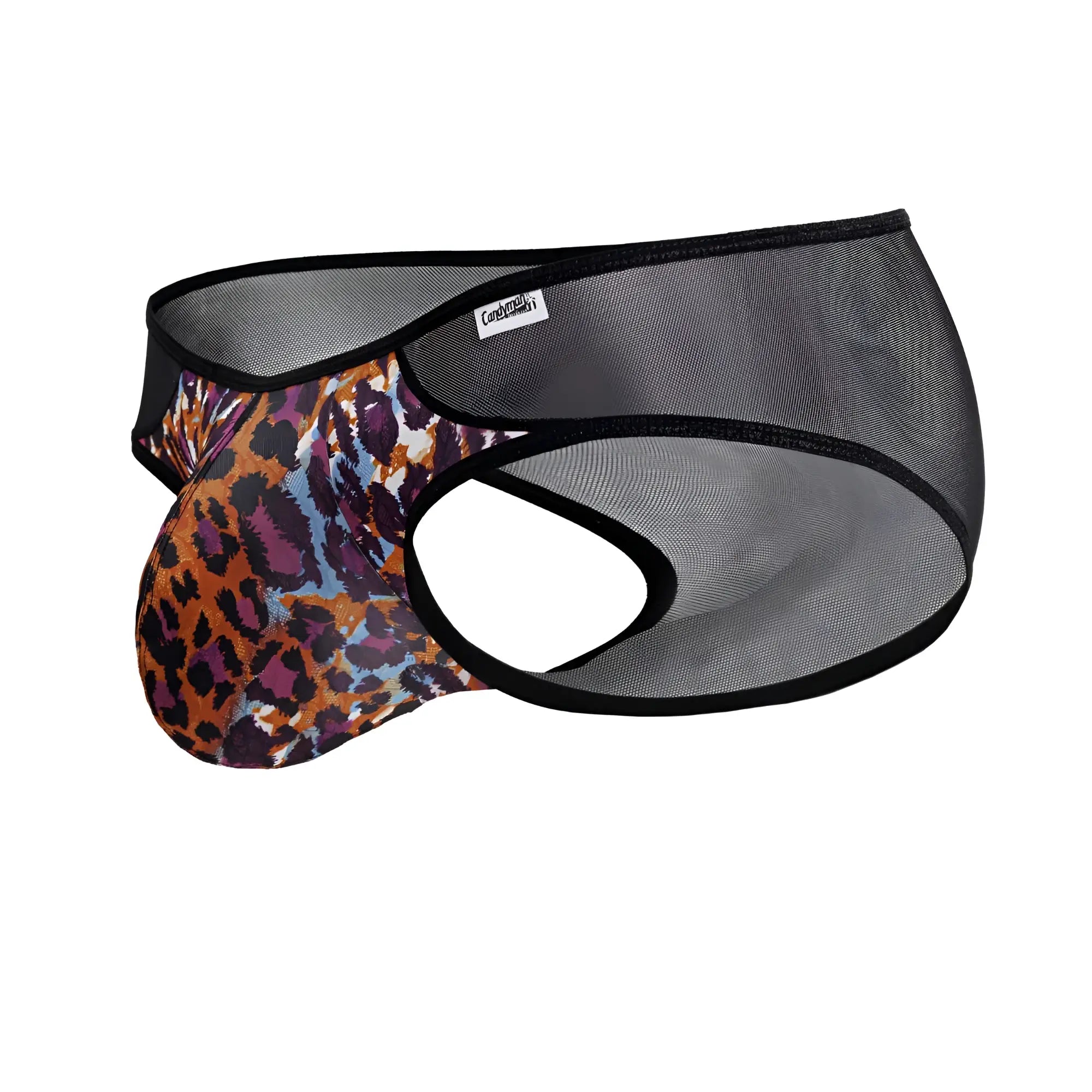 Leopard-print mesh briefs with black trim and candyman branded tag in animal print color