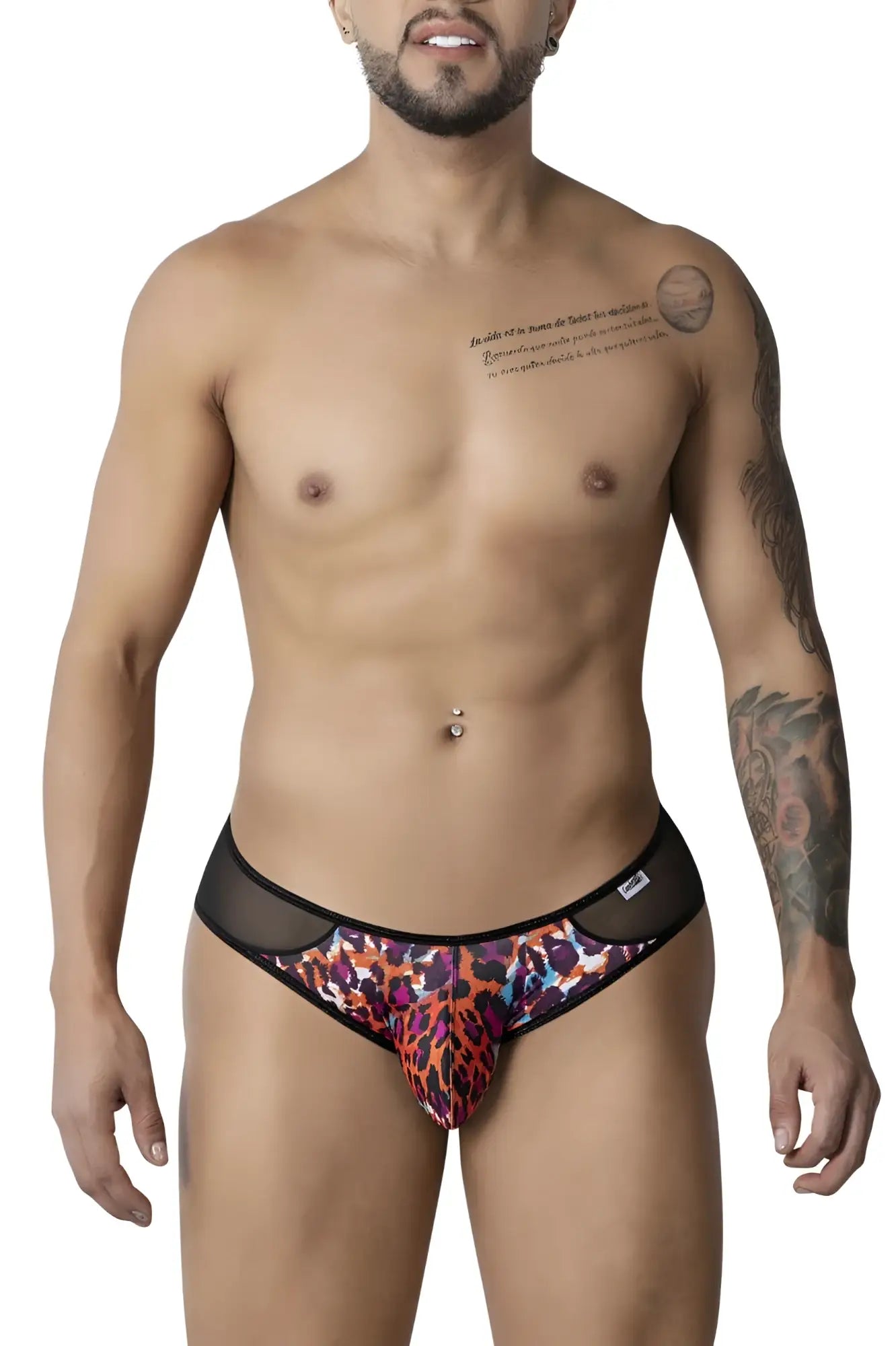 CandyMan 99879 leopard briefs with vibrant animal print and black mesh side panels in a sleek modern design