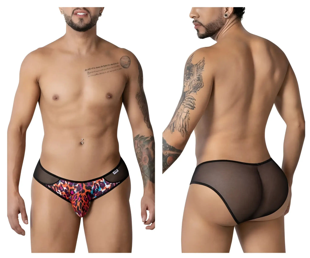 CandyMan 99879 leopard briefs with vibrant animal print and black mesh sides and trim for bold style