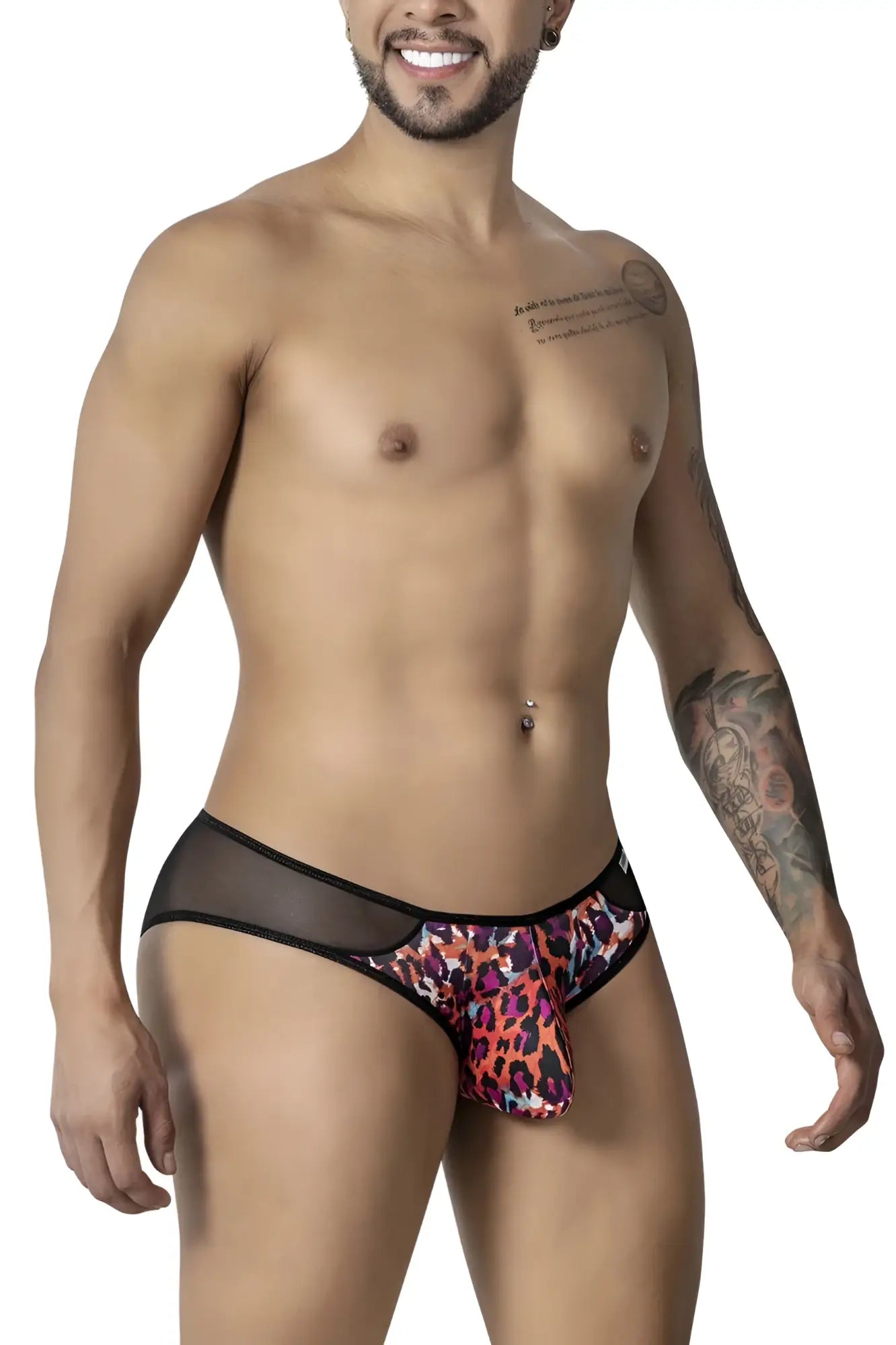 CandyMan 99879 leopard briefs in vibrant animal print with sheer black mesh side panels for bold style and comfort