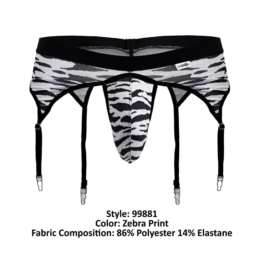 Black and white zebra print men’s briefs by candyman with four adjustable straps for a secure fit