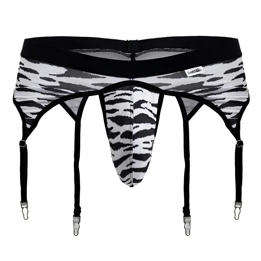Black and white zebra print men’s garter belt with four adjustable straps from Candyman 99881 Zebra Thongs