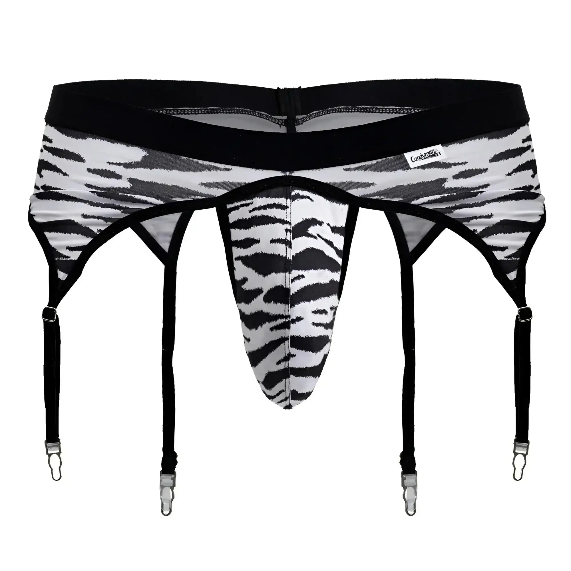 Black and white zebra print men’s garter belt with four adjustable straps from Candyman 99881 Zebra Thongs