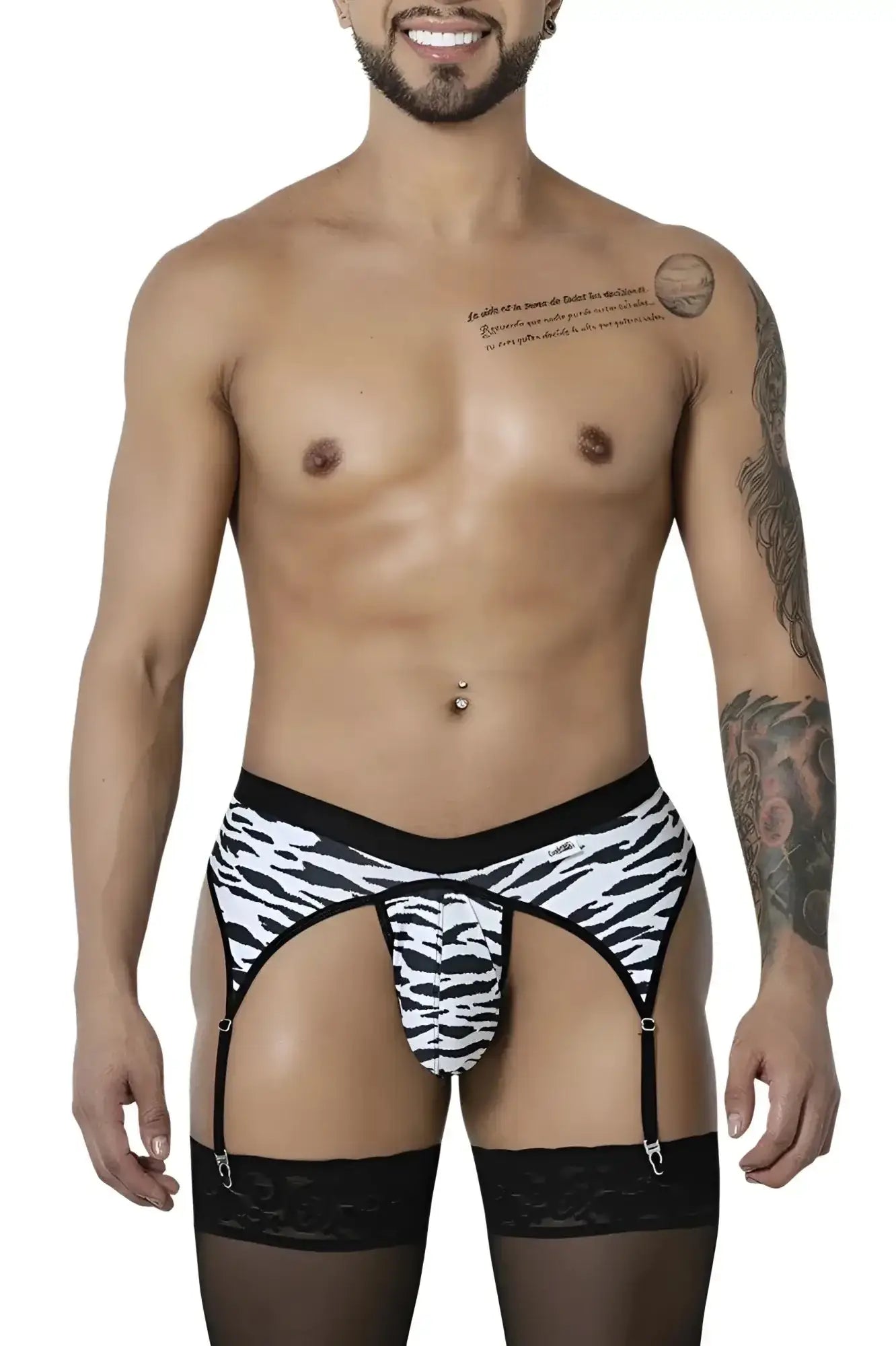 Black and white zebra print men’s garter belt with lace trim from candyman 99881 zebra thongs collection