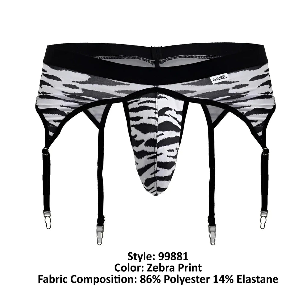 Black and white zebra print men’s briefs by candyman with four adjustable straps for a secure fit