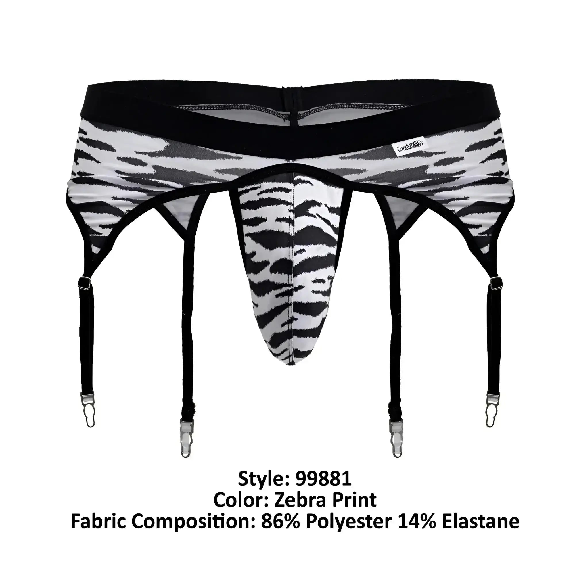 Black and white zebra print men’s briefs by candyman with four adjustable straps for a secure fit