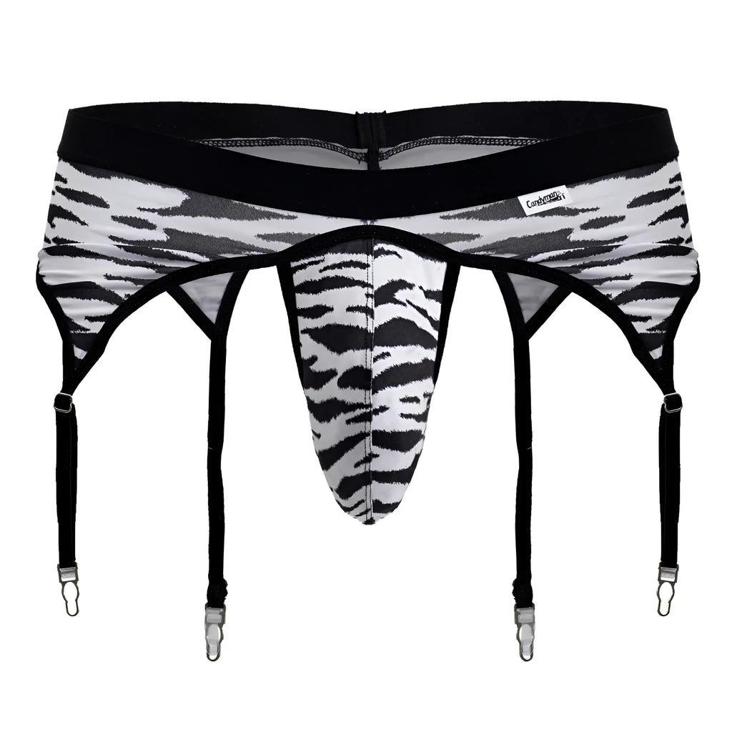 Black and white zebra print men’s garter belt with four adjustable straps from Candyman 99881 Zebra Thongs