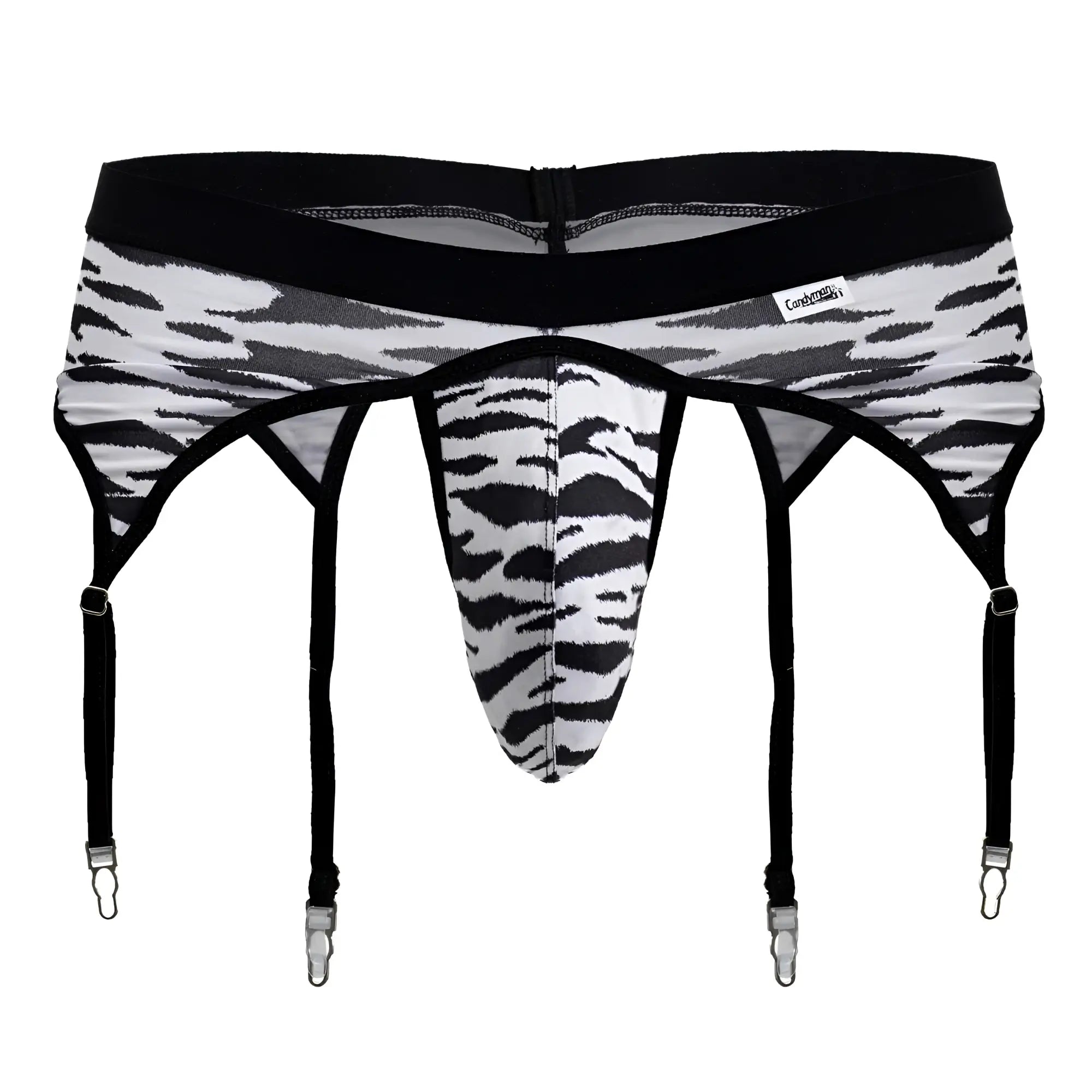 Black and white zebra print men’s garter belt with four adjustable straps from Candyman 99881 Zebra Thongs