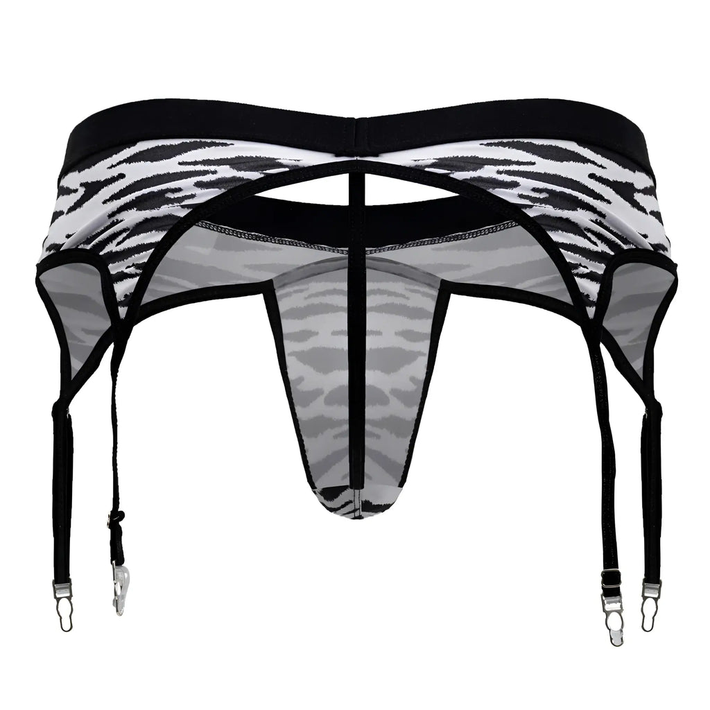 CandyMan 99881 zebra print men’s garter belt with black and white zebra print sheer mesh and metal clasps