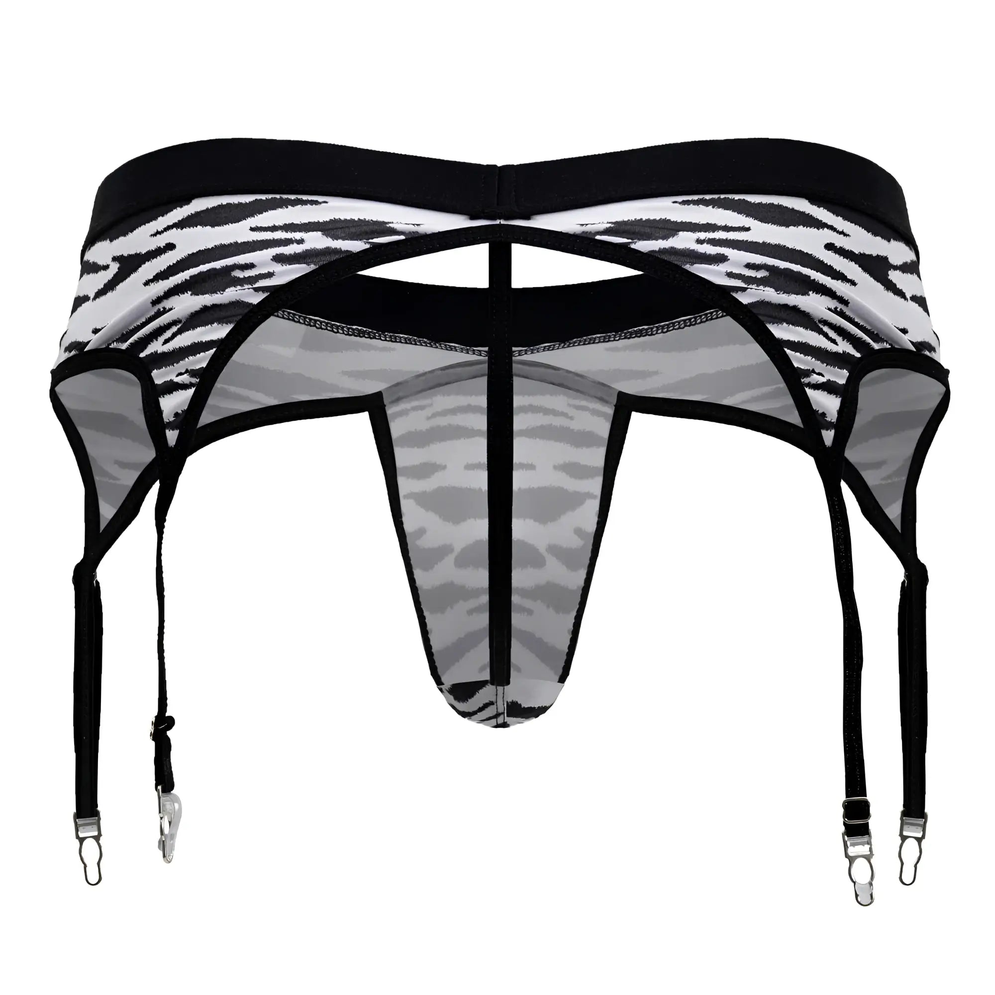 CandyMan 99881 zebra print men’s garter belt with black and white zebra print sheer mesh and metal clasps