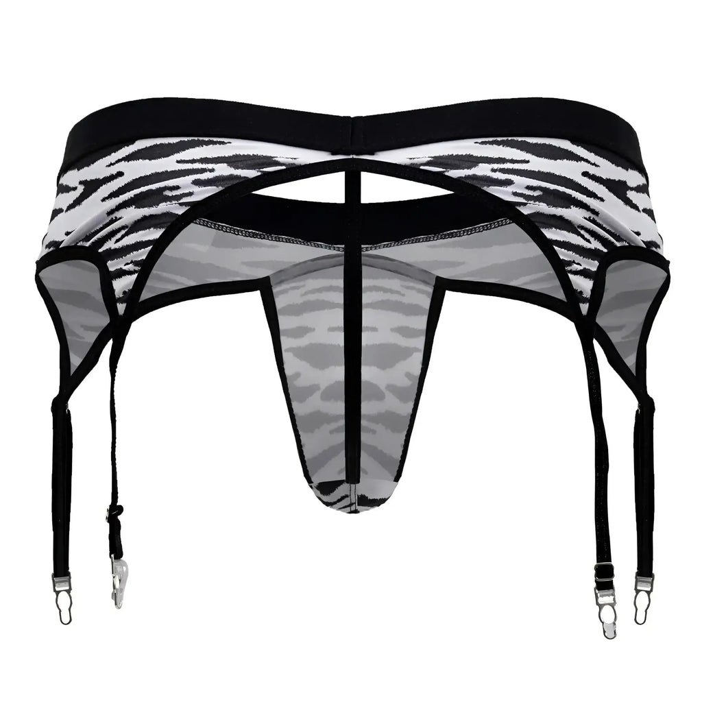 CandyMan 99881 zebra print men’s garter belt with black and white zebra print sheer mesh and metal clasps