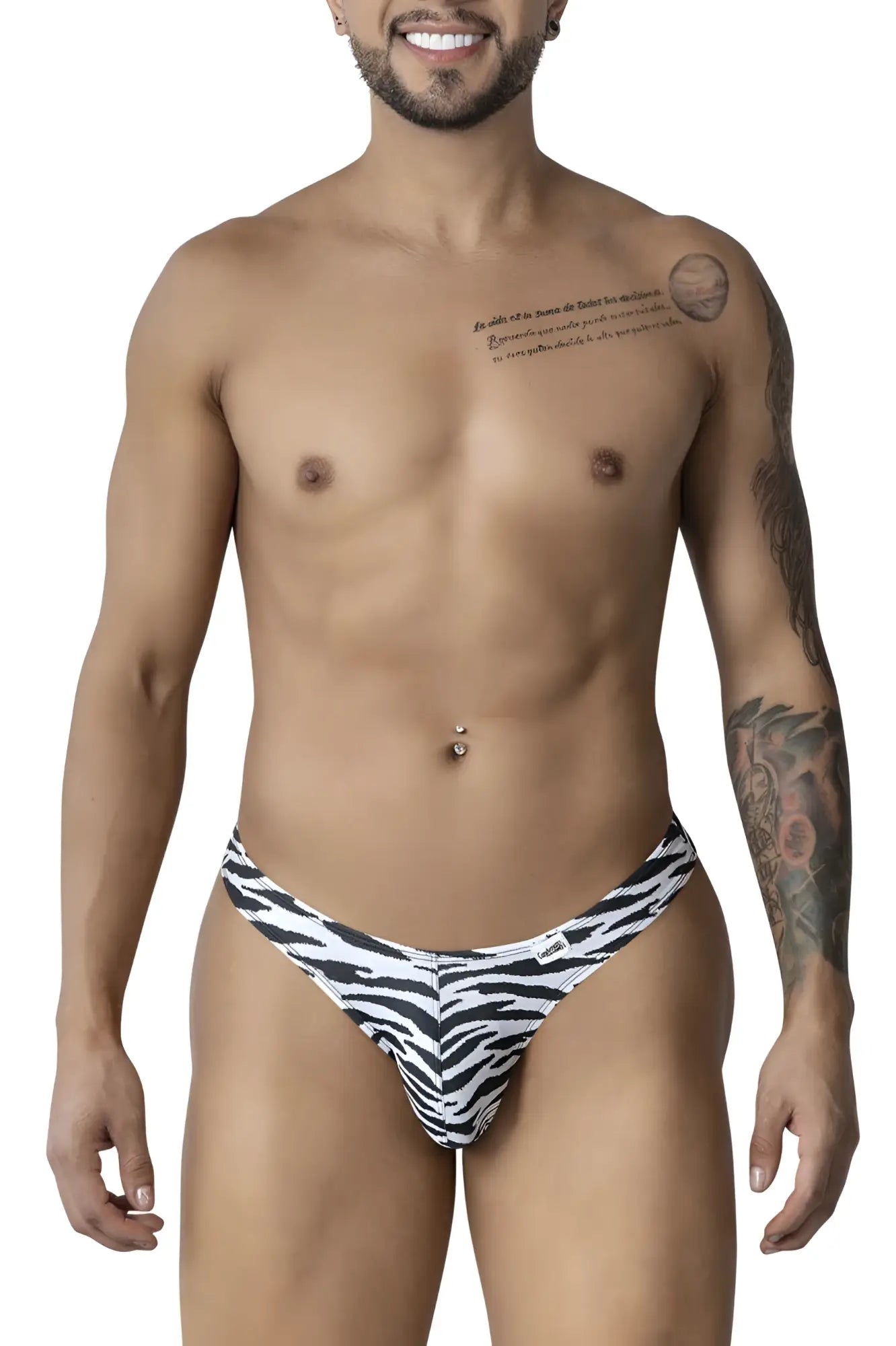 Black and white zebra-striped men’s briefs candyMan 99882 zebra print thong showing front side design