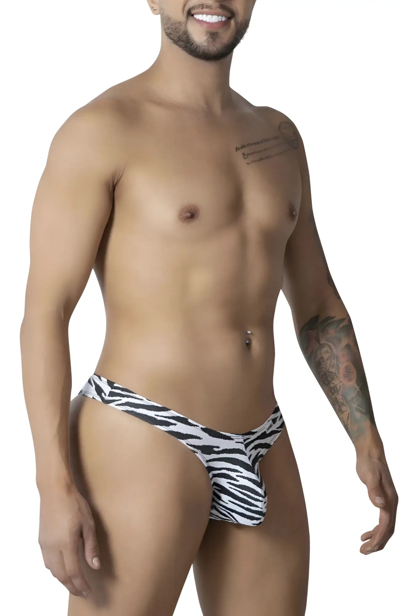 Black and white zebra-striped mens thong by candyman 99882 with a snug form-fitting design in zebra print