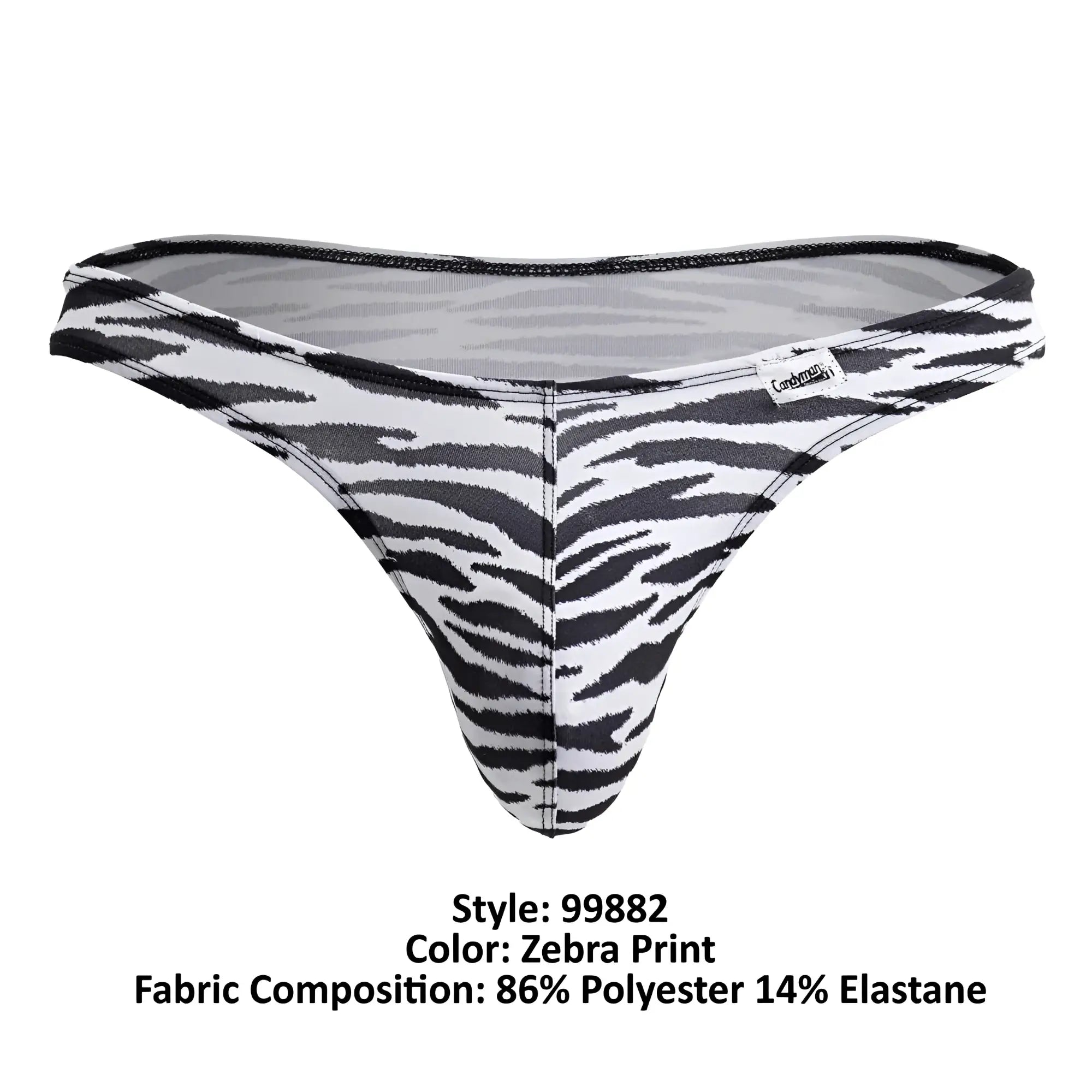 Black and white zebra print thong by candyman made of 86% polyester and 14% elastane showing the back side