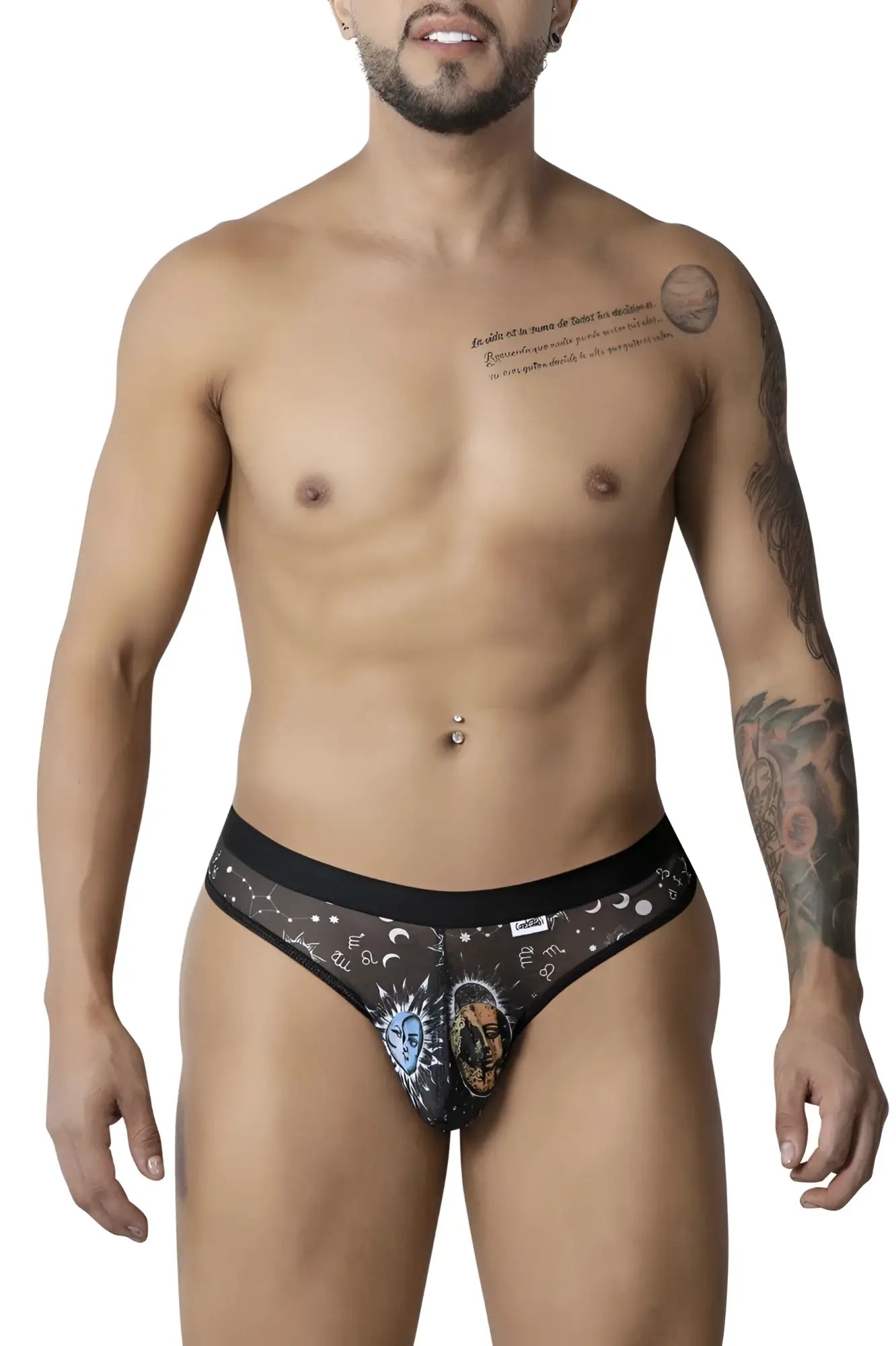 Black lace briefs with celestial moon star and illustrated face design candy man 99885 sun moon thongs black-white