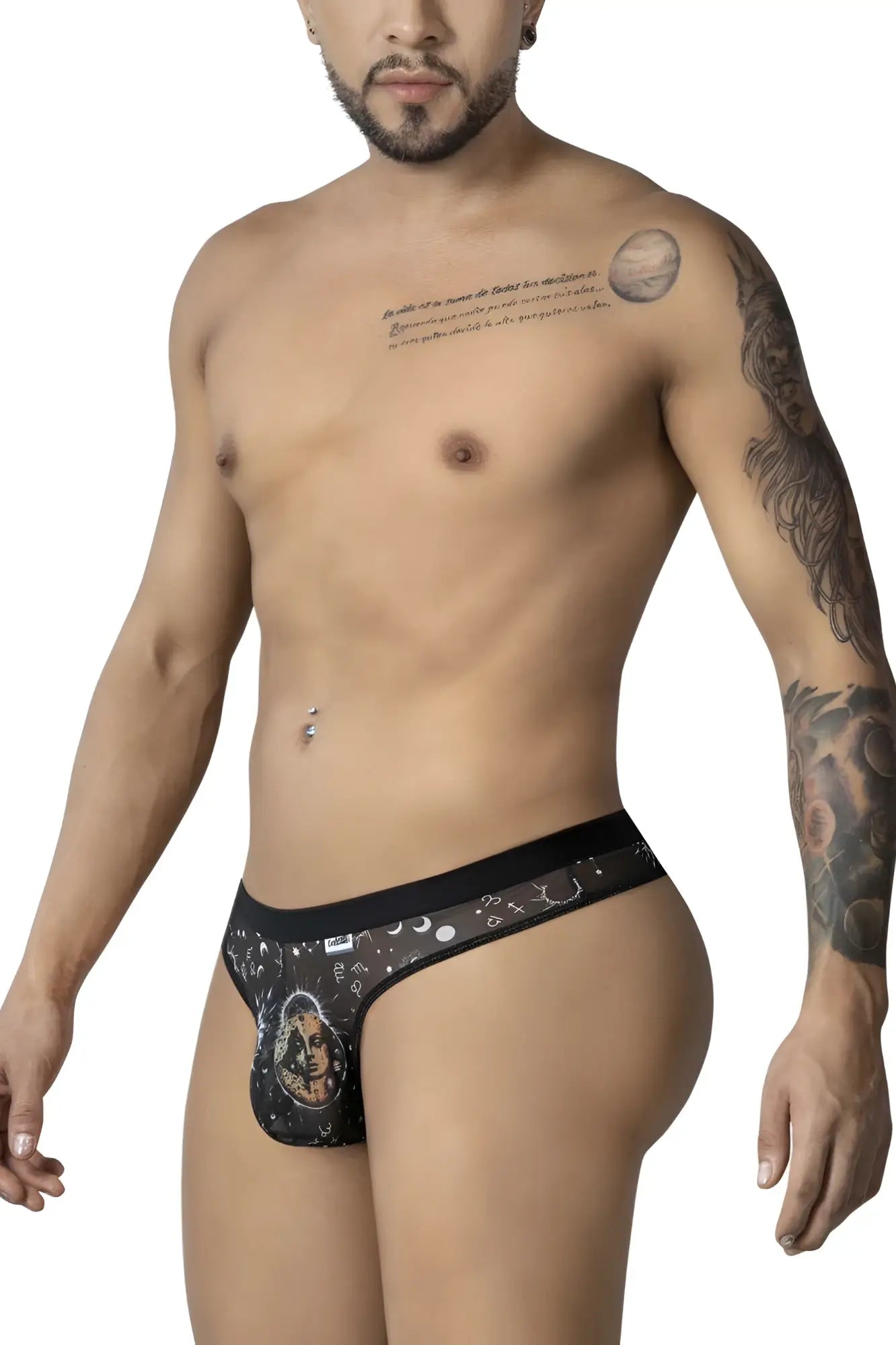 Black mens thong candyMan 99885 sun moon thongs color black-white with cosmic celestial design and ornate front emblem