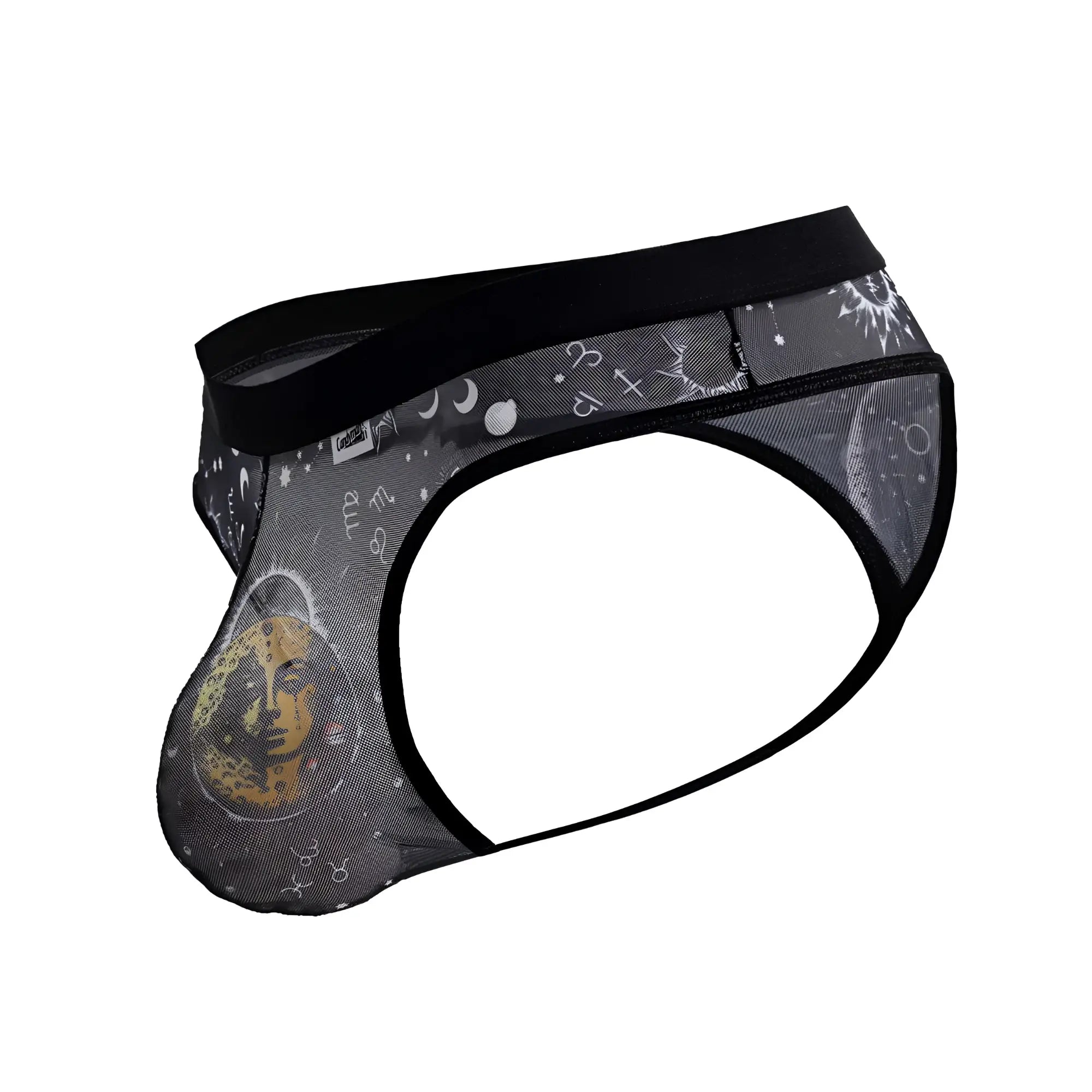 Black CandyMan 99885 Sun Moon thongs mesh briefs with white astrological symbols and a yellow face design on front