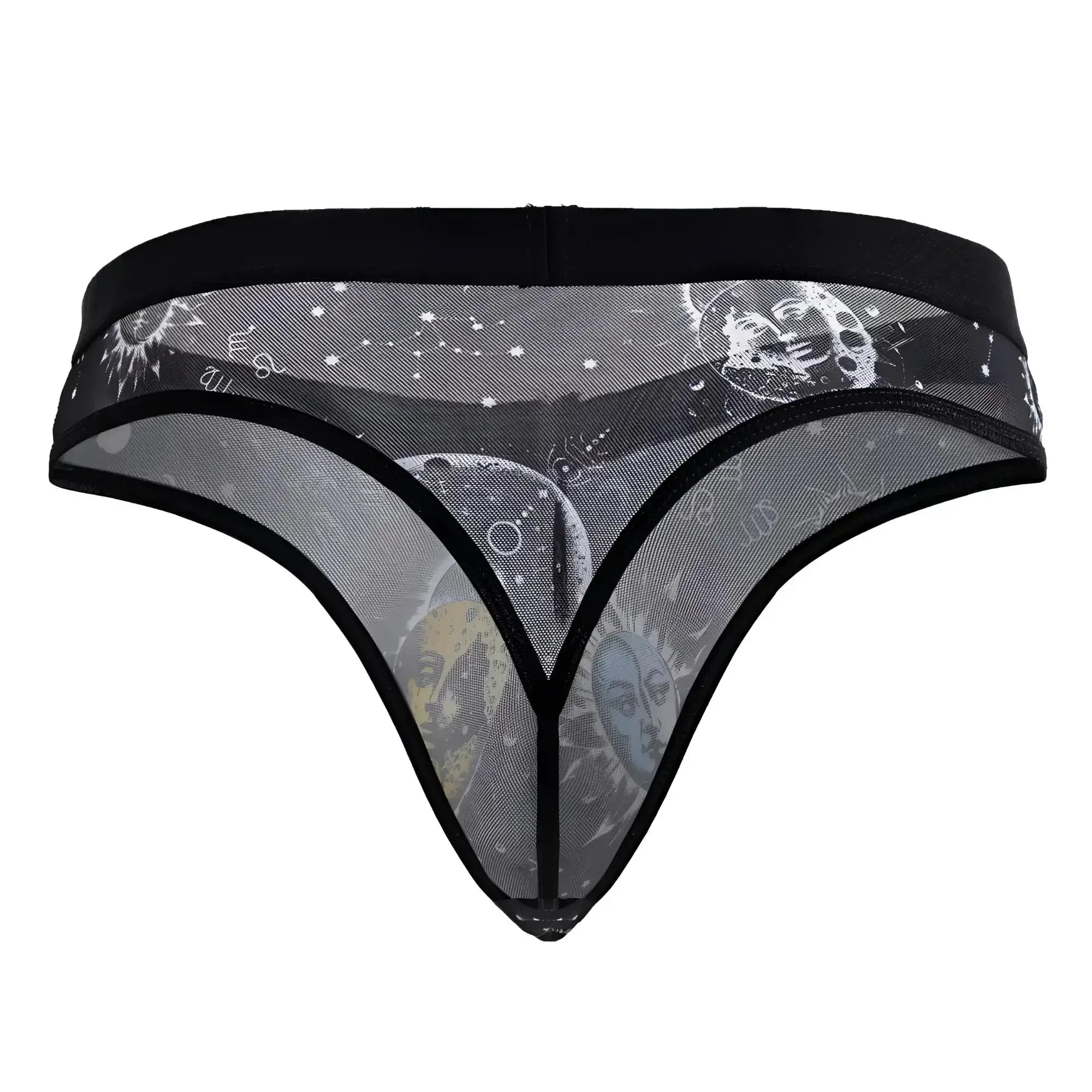 Black mesh thong by candyman featuring celestial moon sun and star motifs in grayscale color black-white