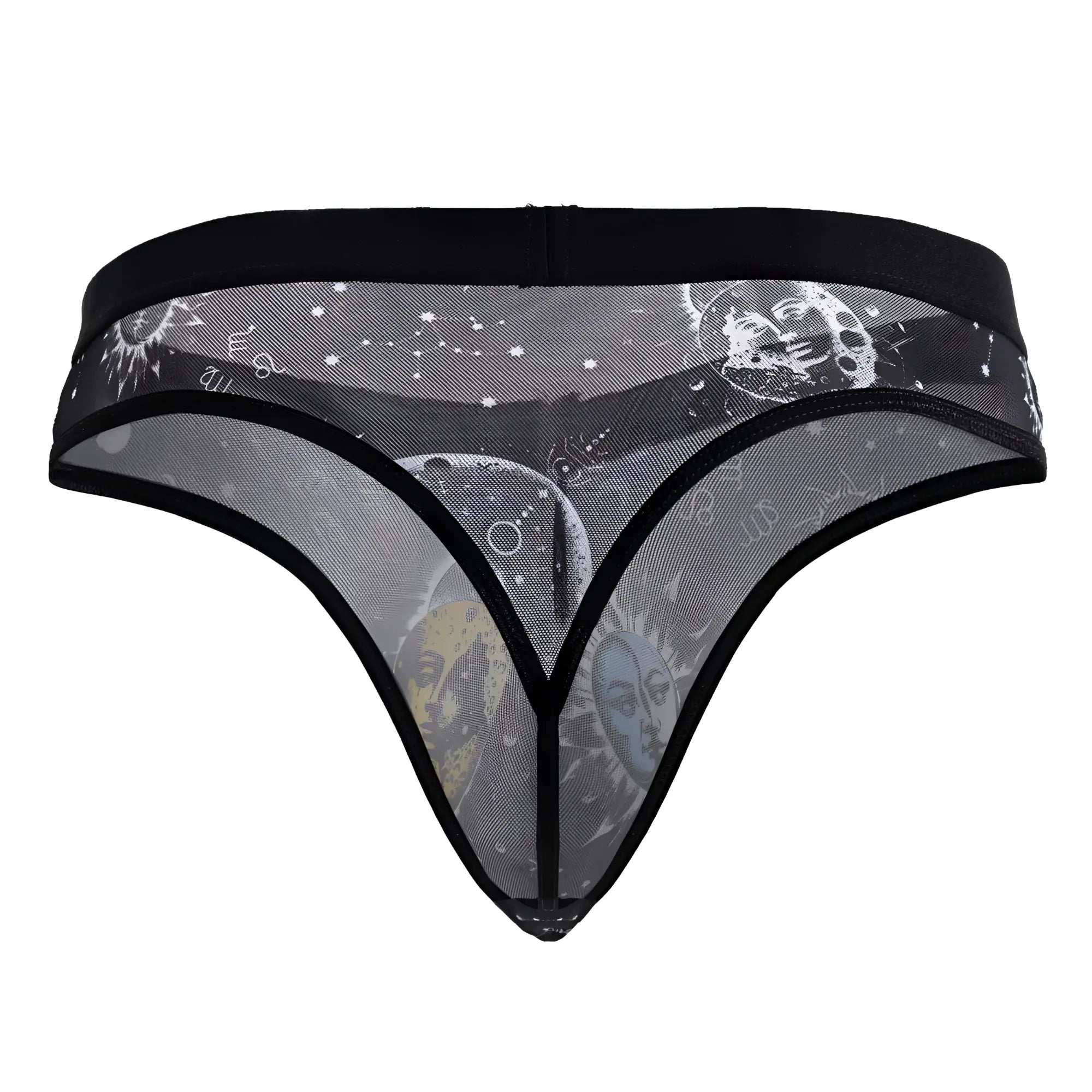 Black mesh thong by candyman featuring celestial moon sun and star motifs in grayscale color black-white